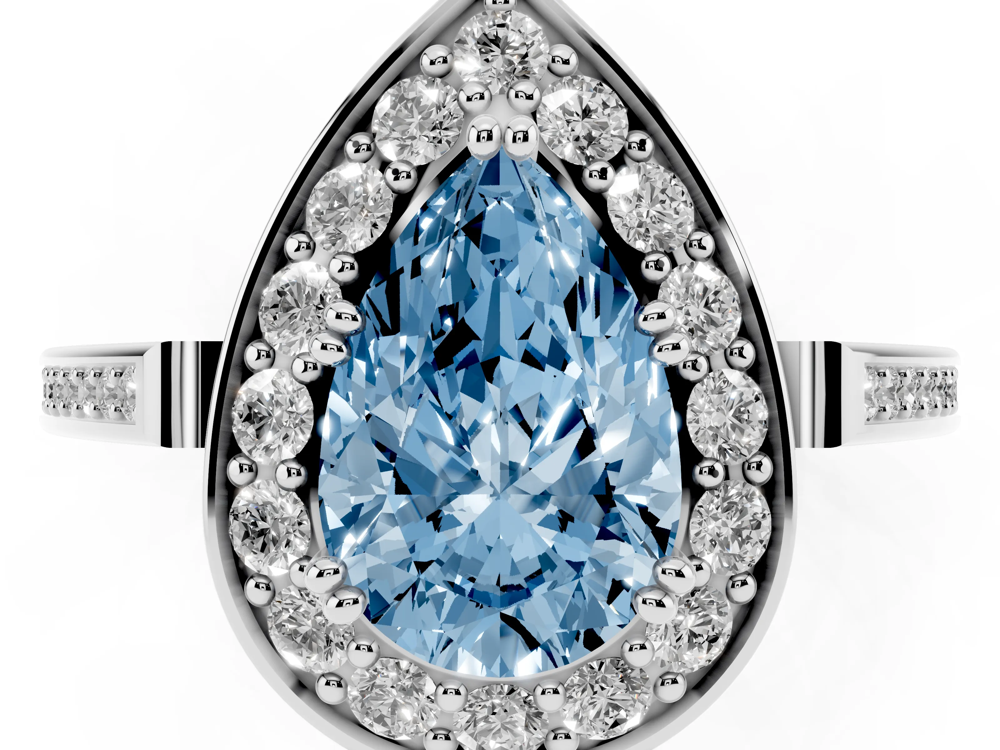 Fancy Blue Pear Cut Diamond Halo Ring Set in Silver with Accent-Lined Split Shank and Prong Setting