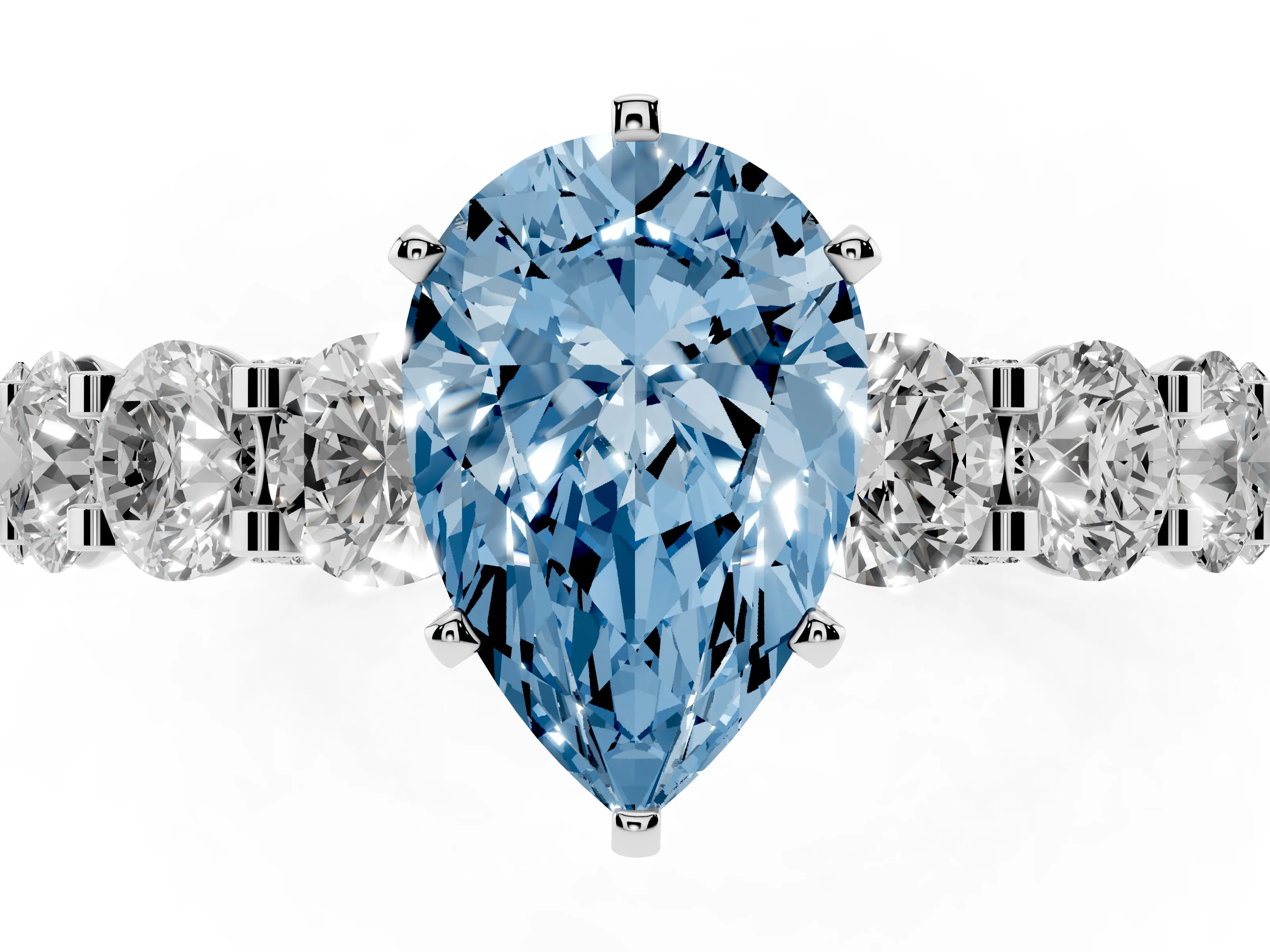 Fancy Blue Pear Cut Diamond Side Stone Ring Set in Platinum with Alternating Round and Oval Side Stones