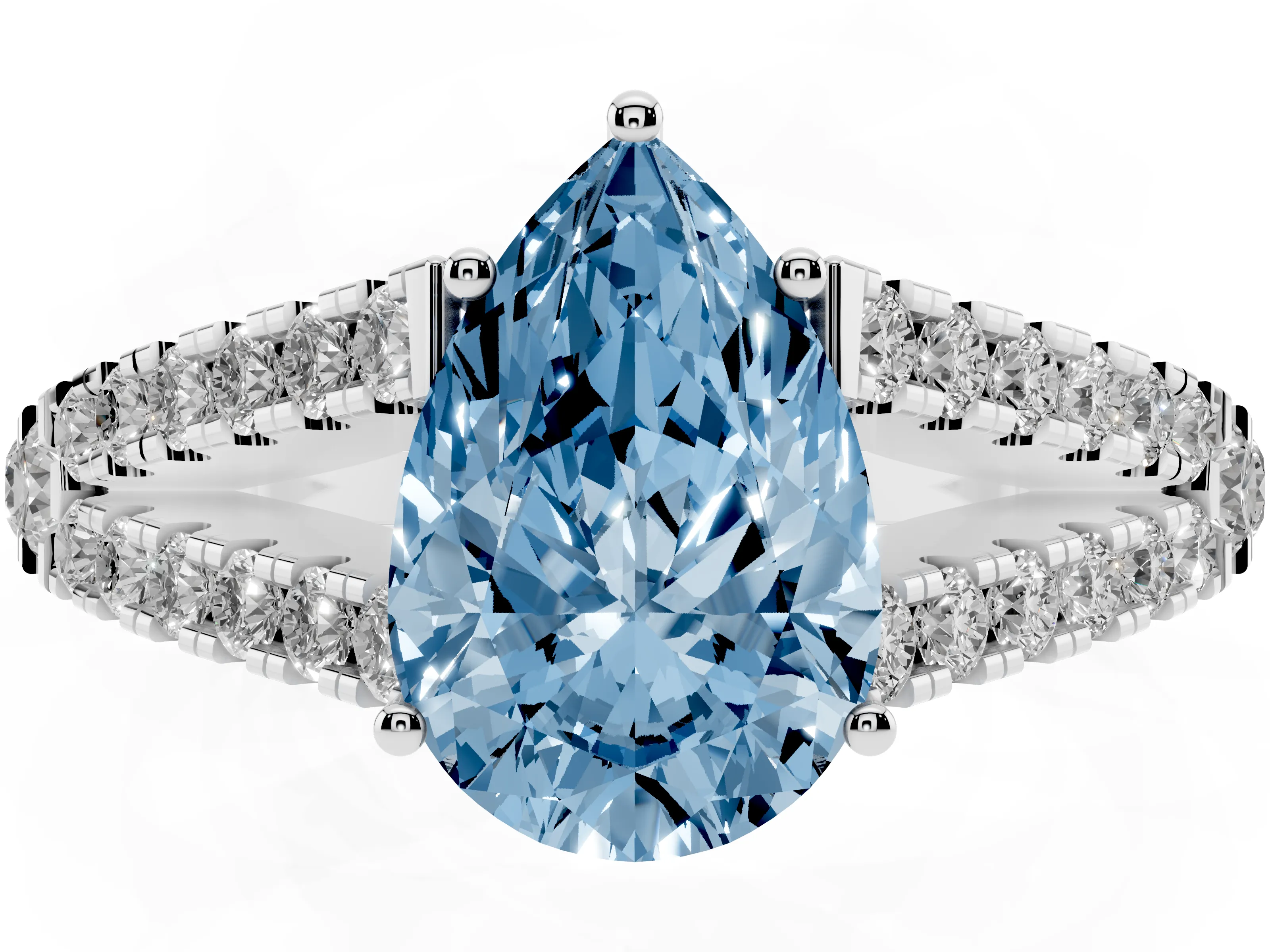 Fancy Blue Pear Cut Diamond Split Shank Pavé Engagement Ring Set in Platinum with Prong-Held Center Stone