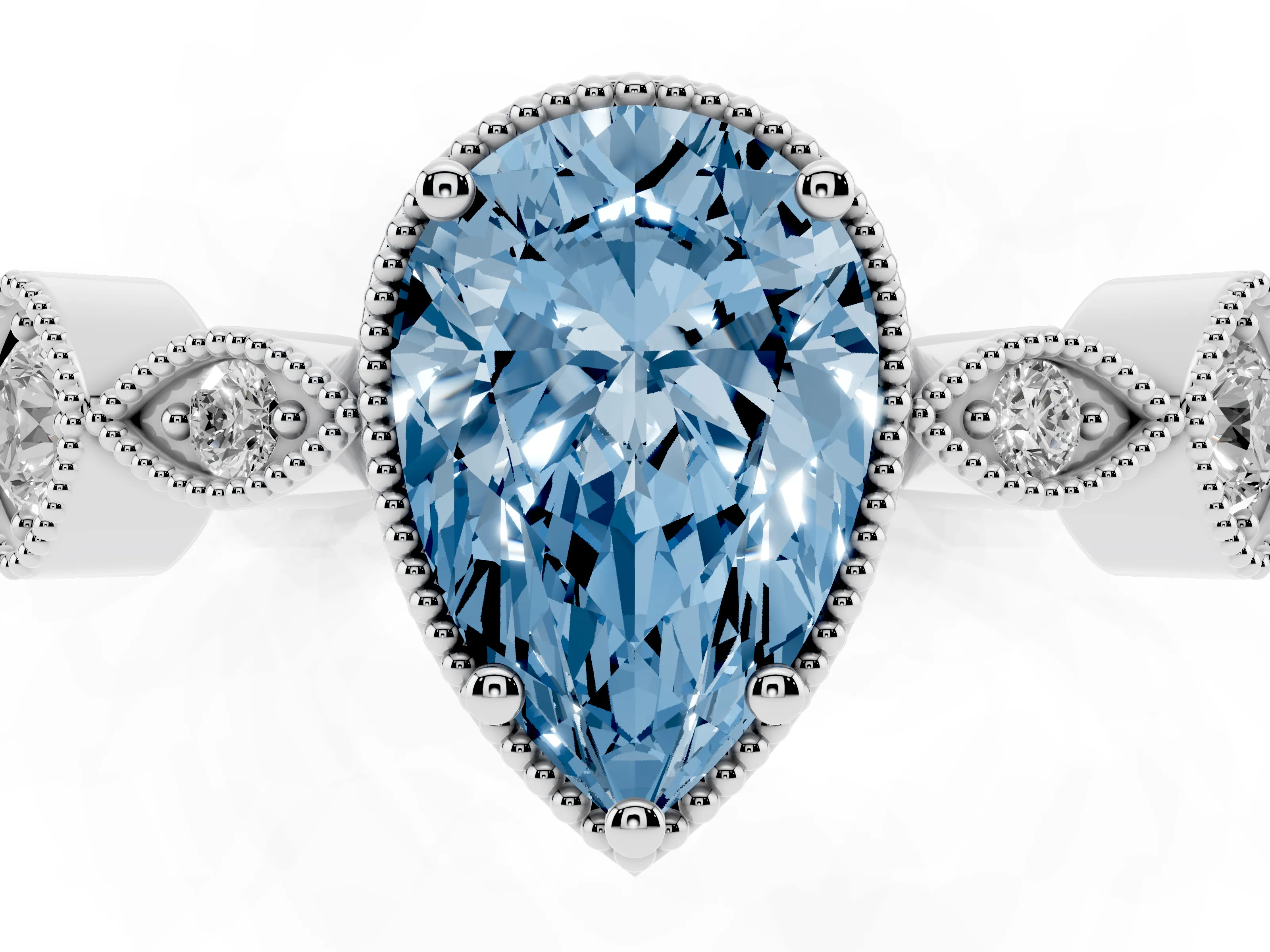 Fancy Blue Pear Cut Diamond Vintage-Inspired Milgrain Ring Set in Silver with Marquise Stations of Round Accents