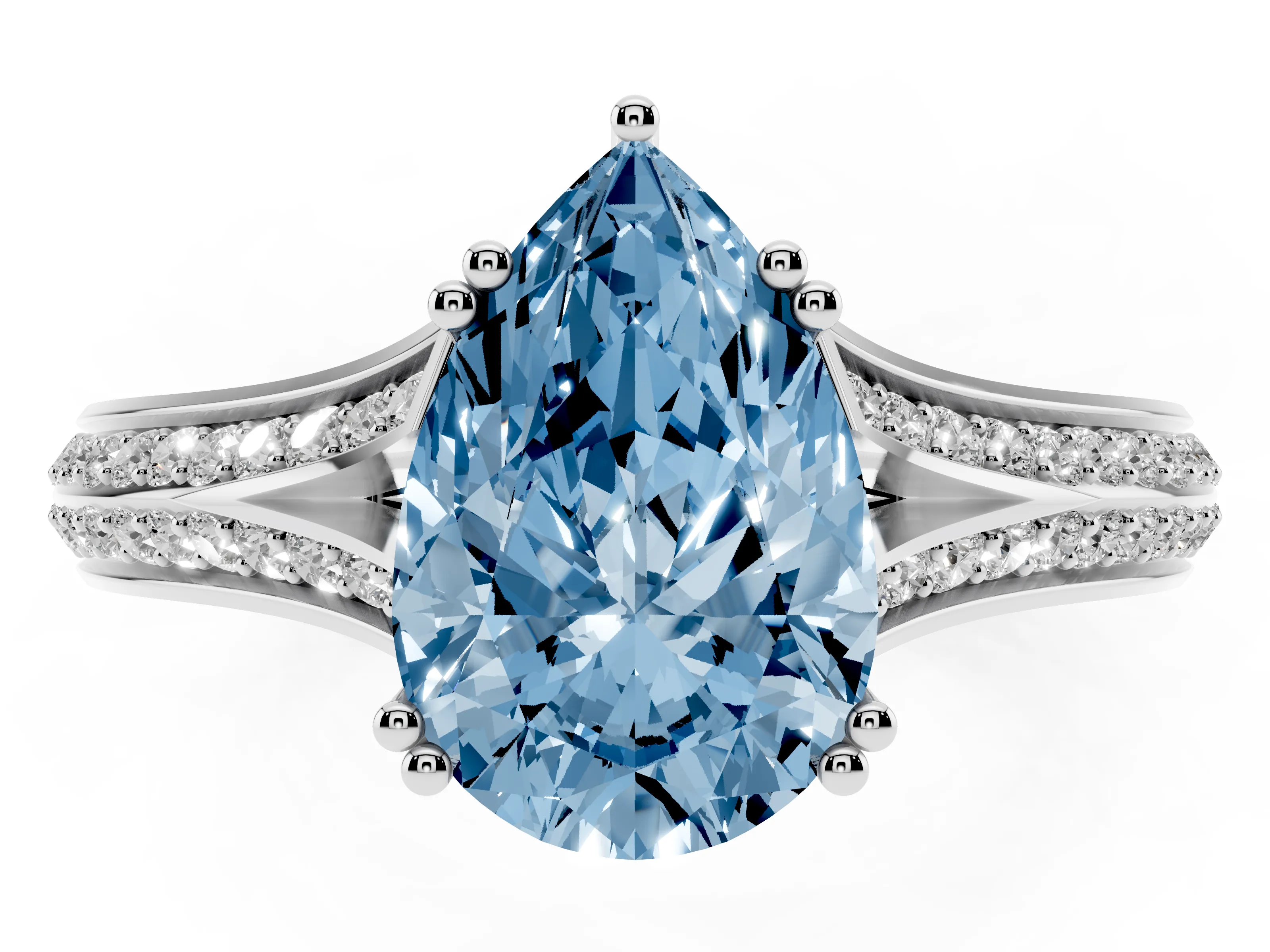 Fancy Blue Pear Cut Diamond Split Shank Pavé Engagement Ring Set in White gold with Prong-Set Center Stone