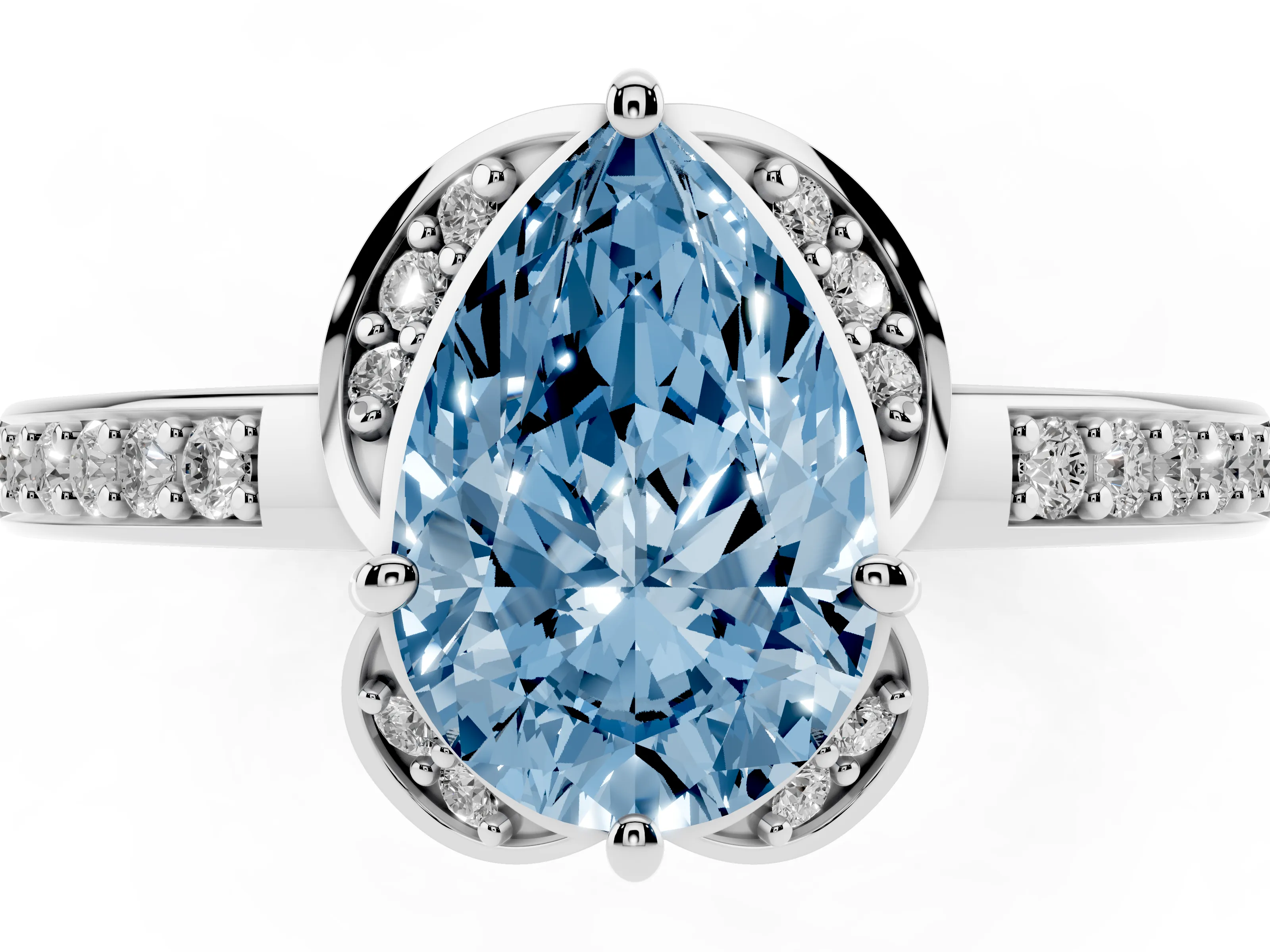 Fancy Blue Pear Cut Diamond Halo Ring Set in Silver with Channel Set Band and Prong Setting