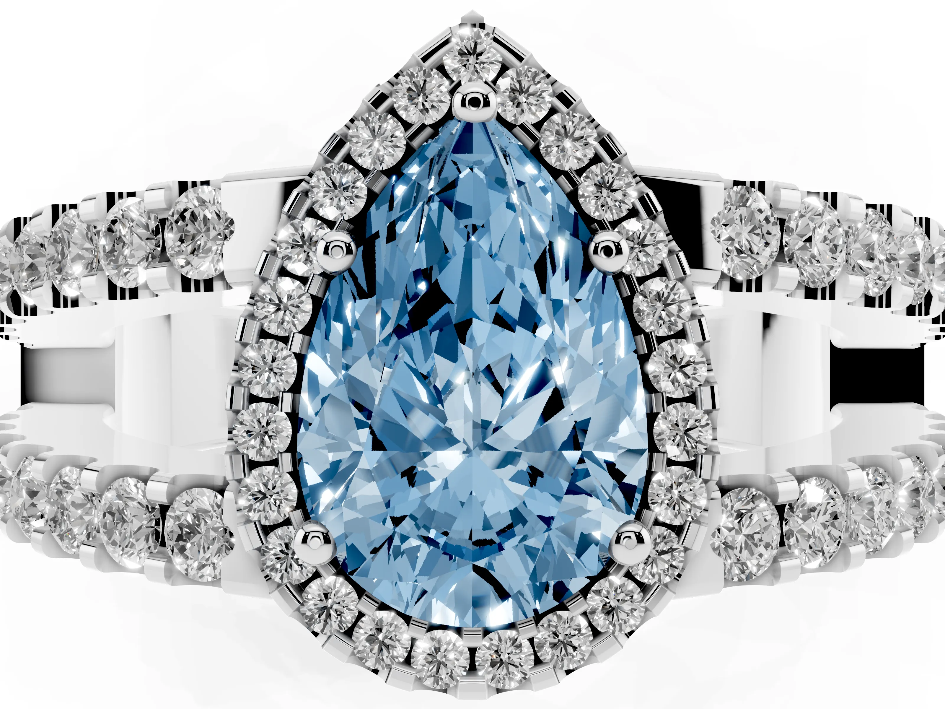 Fancy Blue Pear Cut Diamond Halo Ring Set in White gold with Pavé Split Shank and Prong Setting