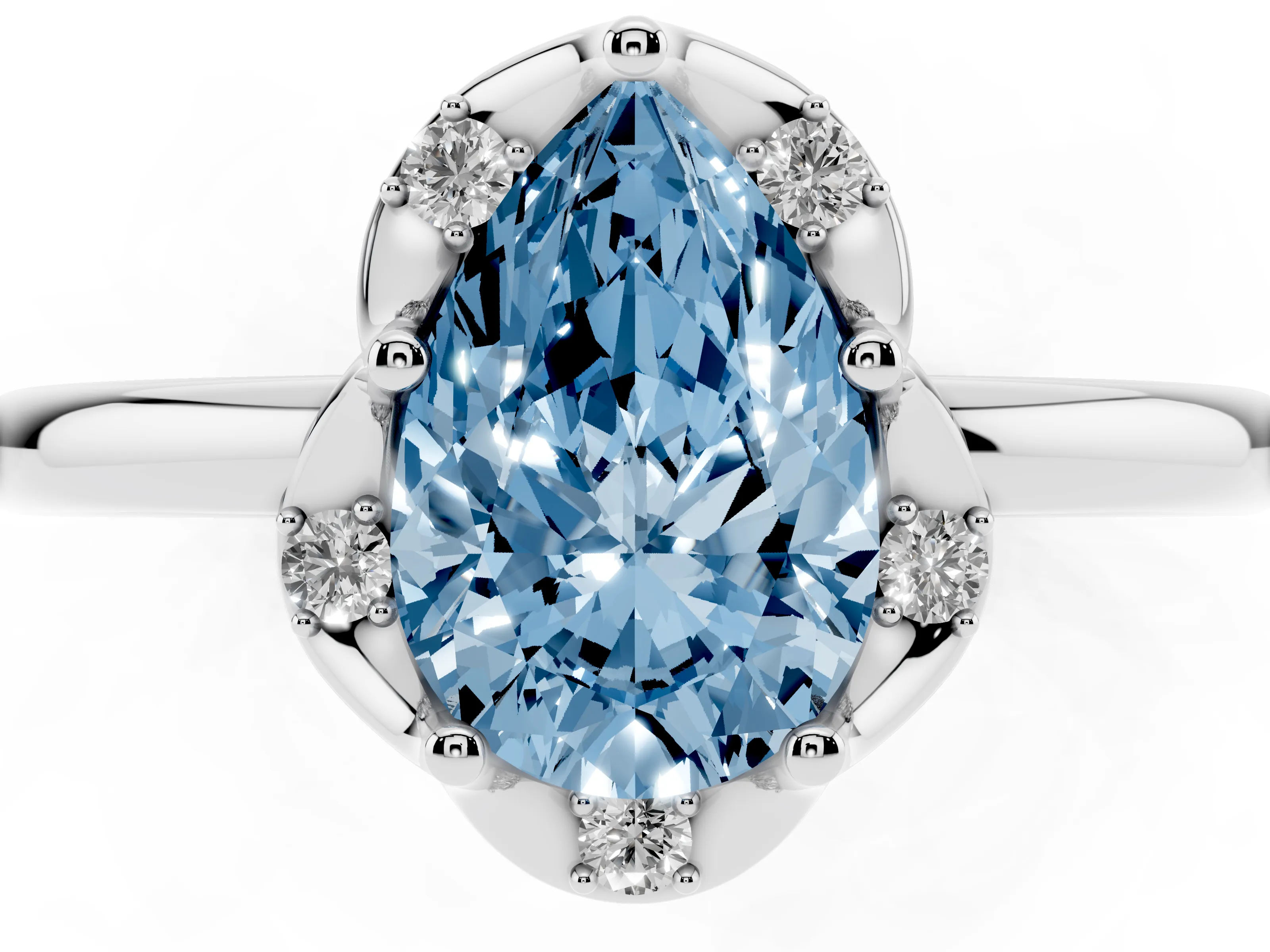 Fancy Blue Pear Cut Diamond Round Cluster Halo Ring Set in Silver with Solitaire Band and Prong Setting