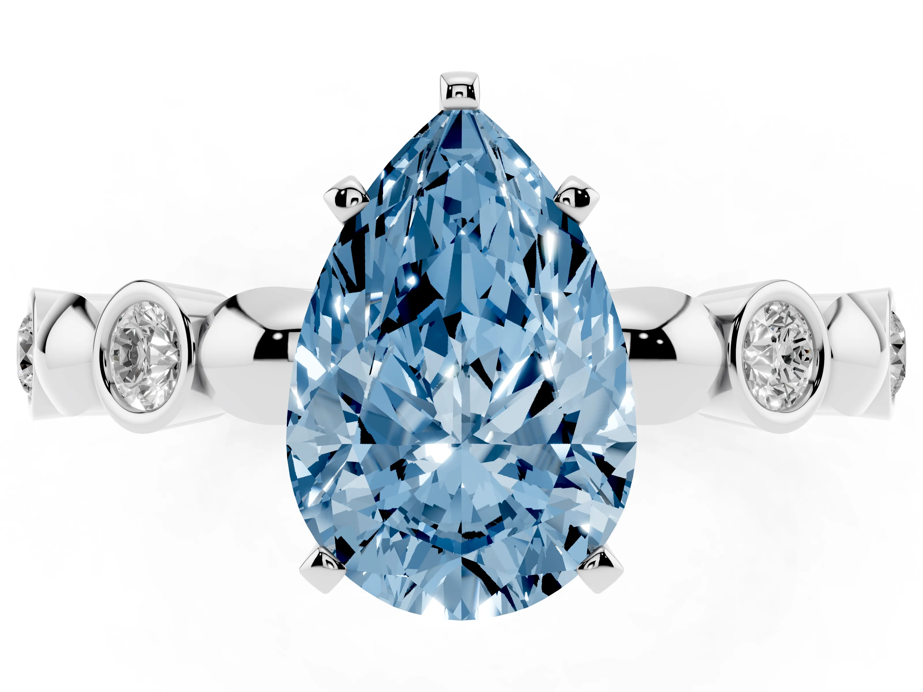 Fancy Blue Pear Cut Diamond Solitaire Ring Set in Silver with Bezel-Set Accents on Beaded Band and Prong Setting