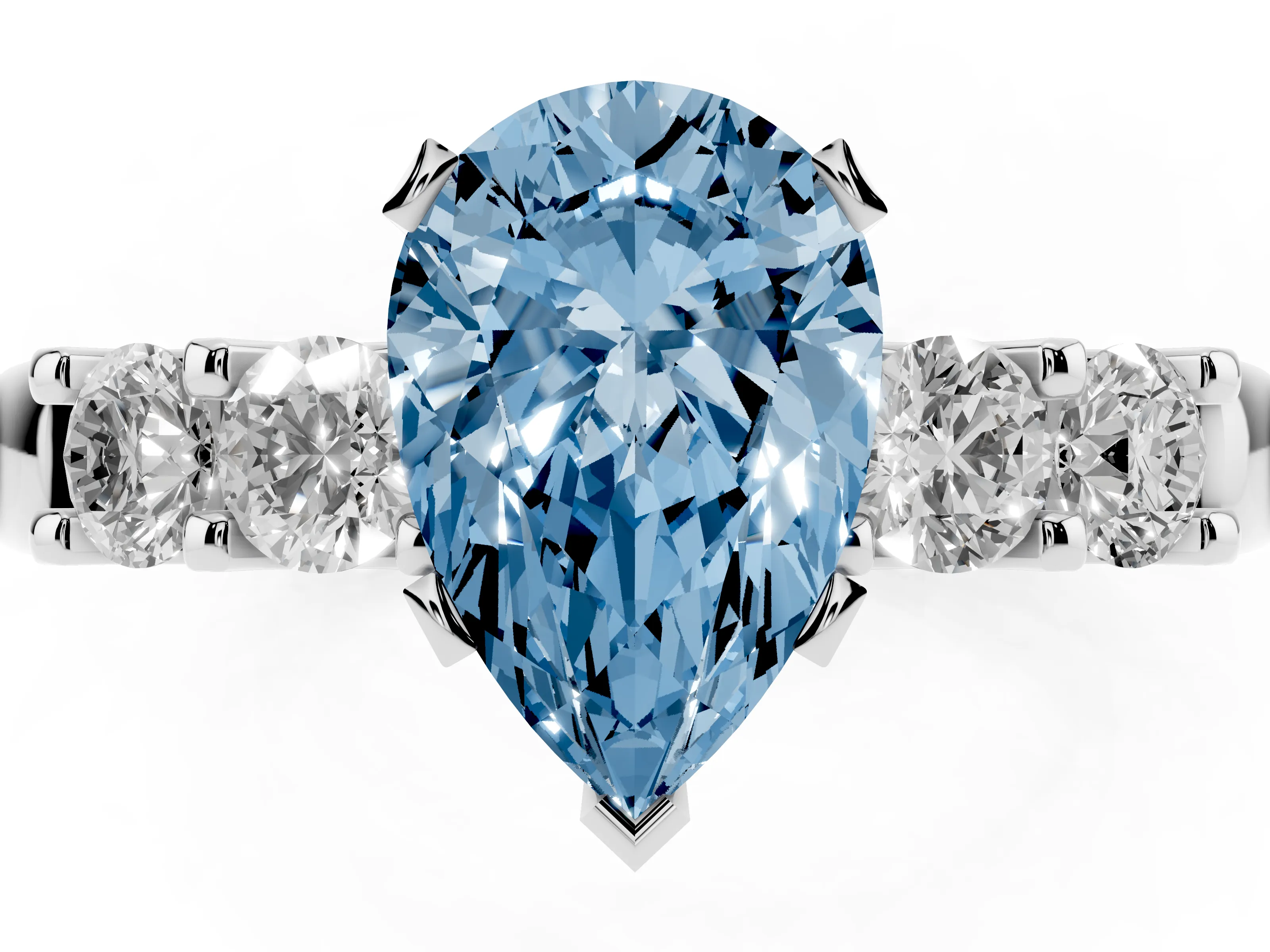 Fancy Blue Pear Cut Diamond Five-Stone Prong Set Engagement Ring Set in White gold with Channel Band