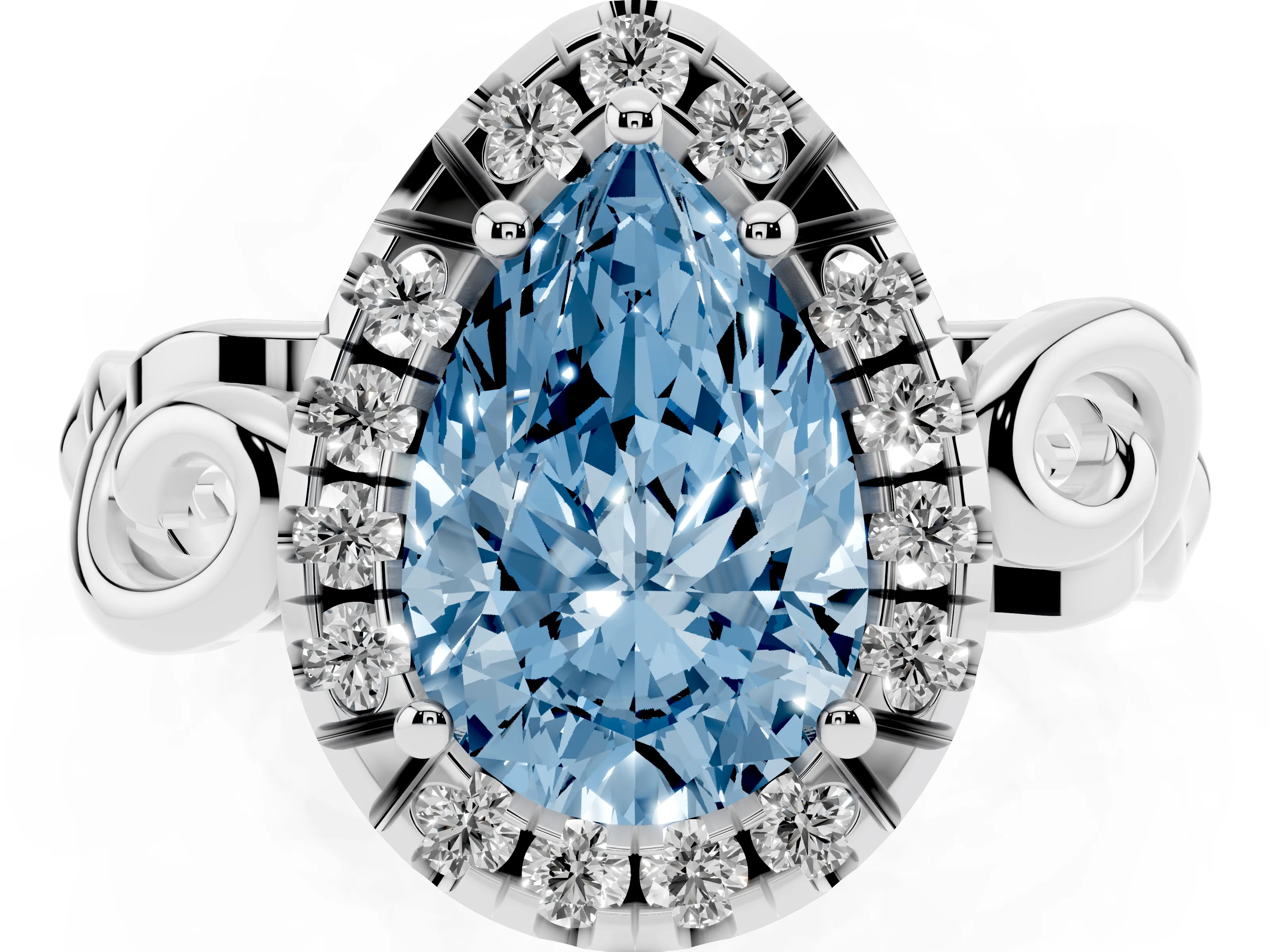 Fancy Blue Pear Cut Diamond Halo Ring Set in Platinum with Scrollwork Band and Prong Setting