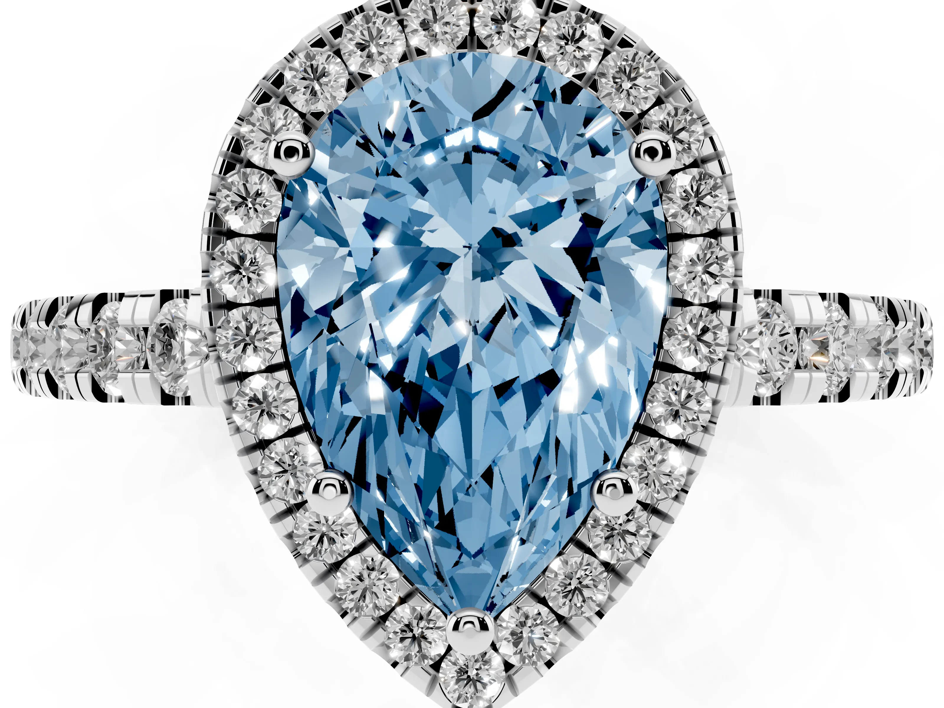 Fancy Blue Pear Cut Diamond Halo Ring Set in White gold with Delicate Pavé Band and Prong Setting