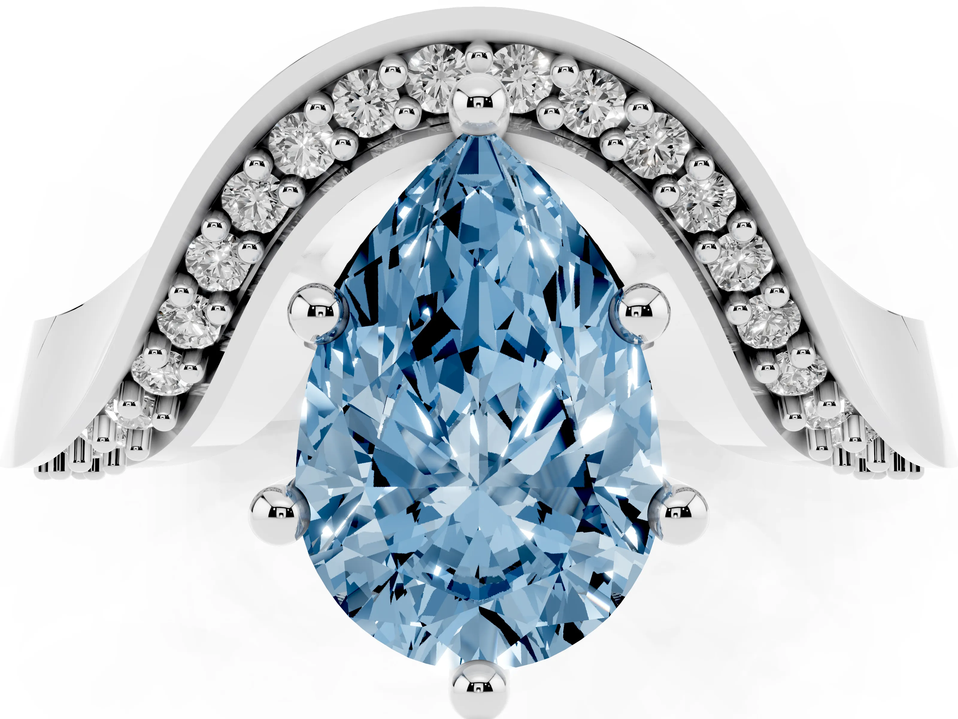 Fancy Blue Pear Cut Diamond Solitaire Engagement Ring Set in Silver with Pavé Shoulders