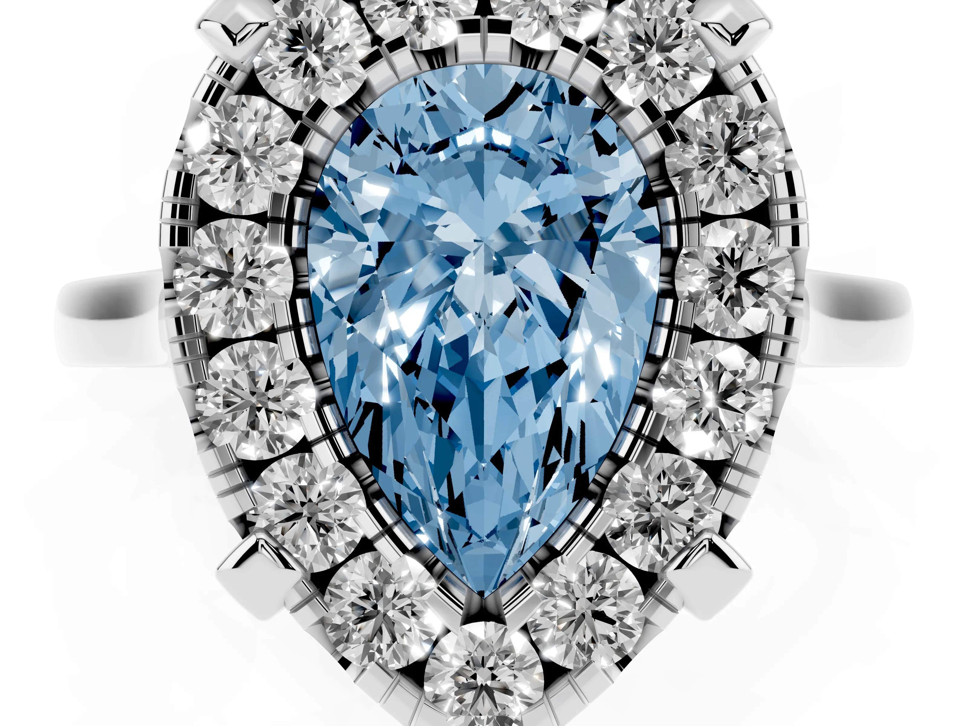 Fancy Blue Pear Cut Diamond Cluster Halo Solitaire Ring Set in Silver with Prong Setting