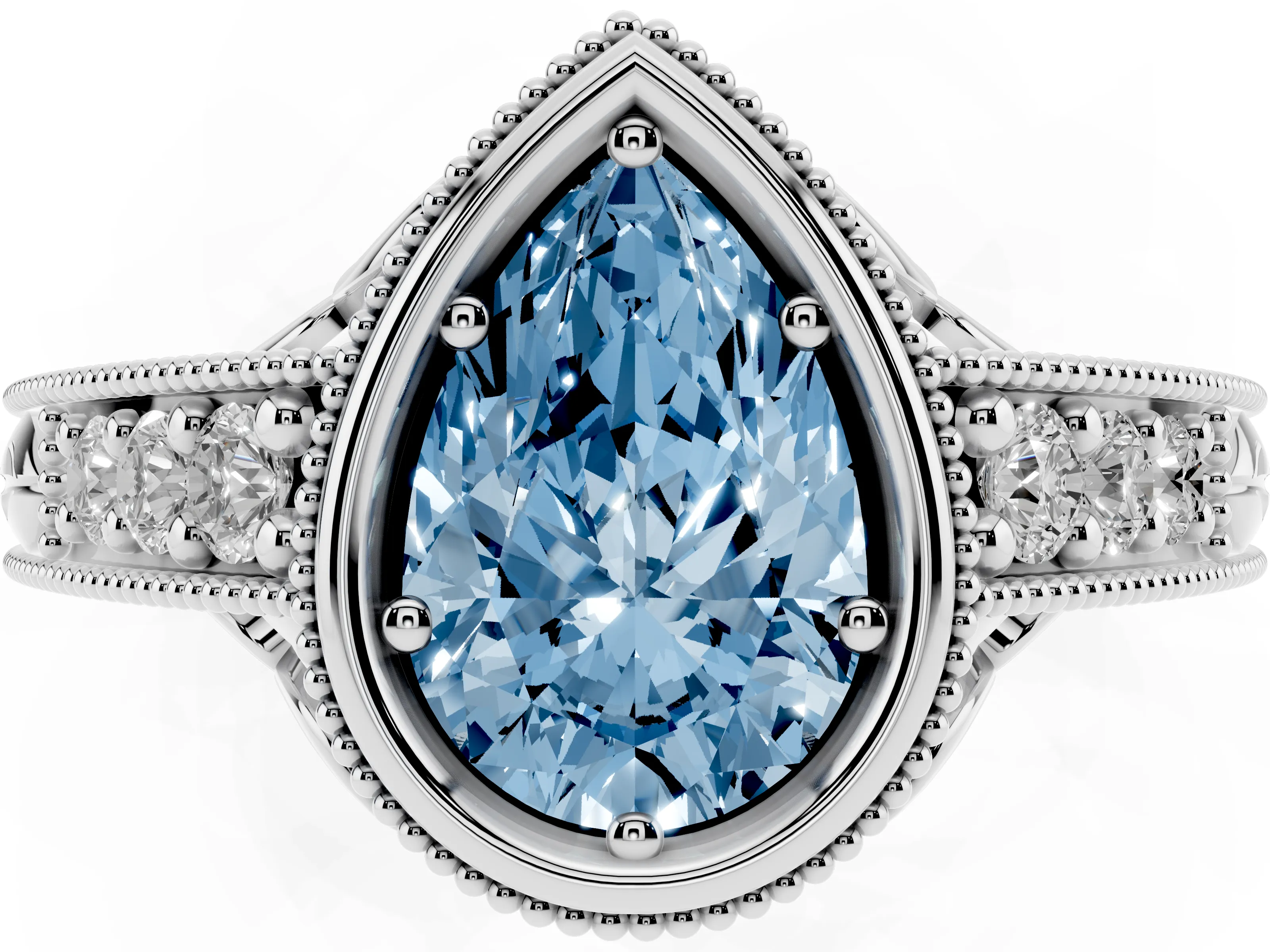 Fancy Blue Bezel Set Pear Cut Diamond Milgrain Pavé Engagement Ring Set in Silver