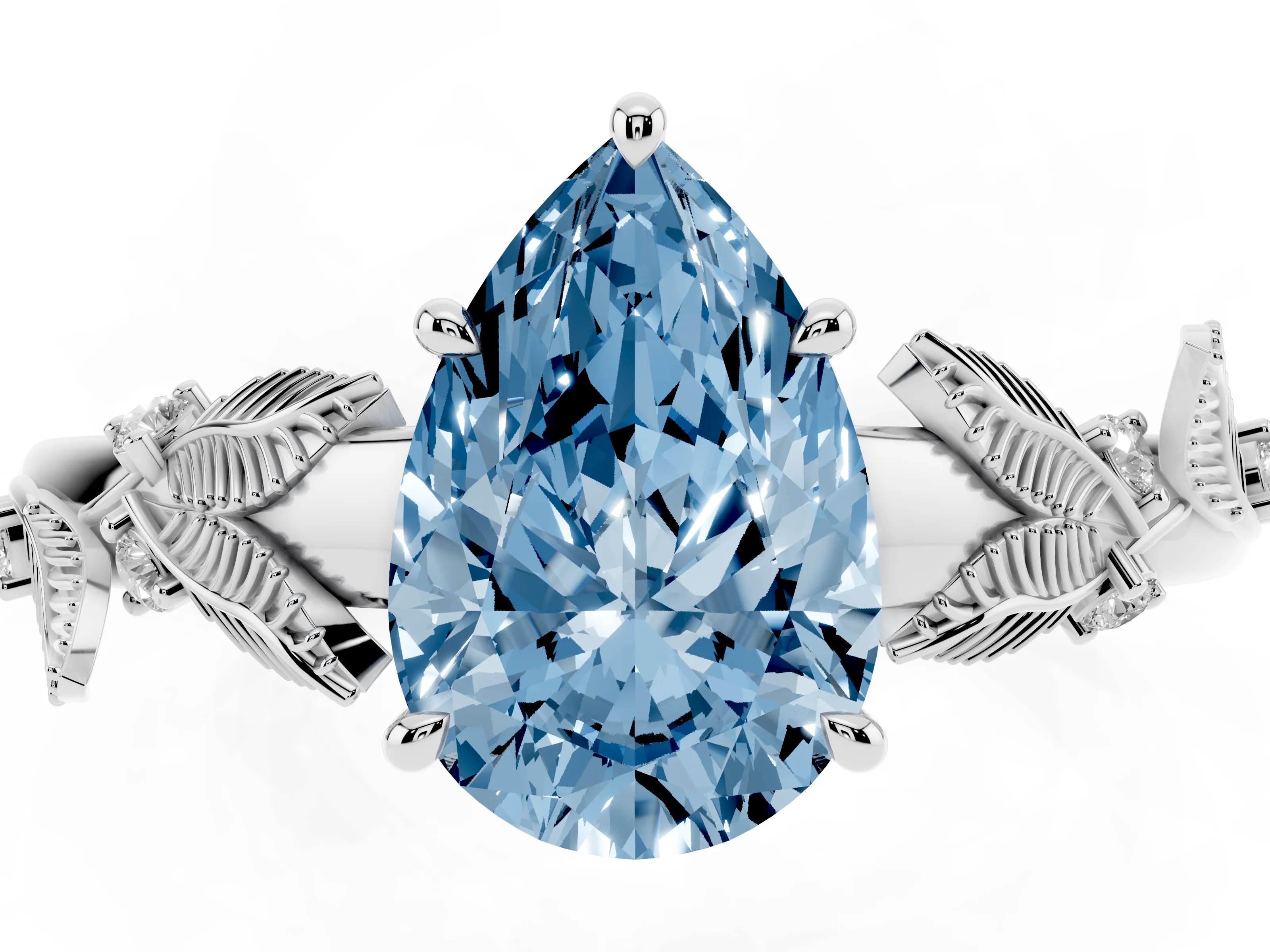 Fancy Blue Pear Cut Diamond Solitaire Ring Set in White gold with Leaf Motif Band