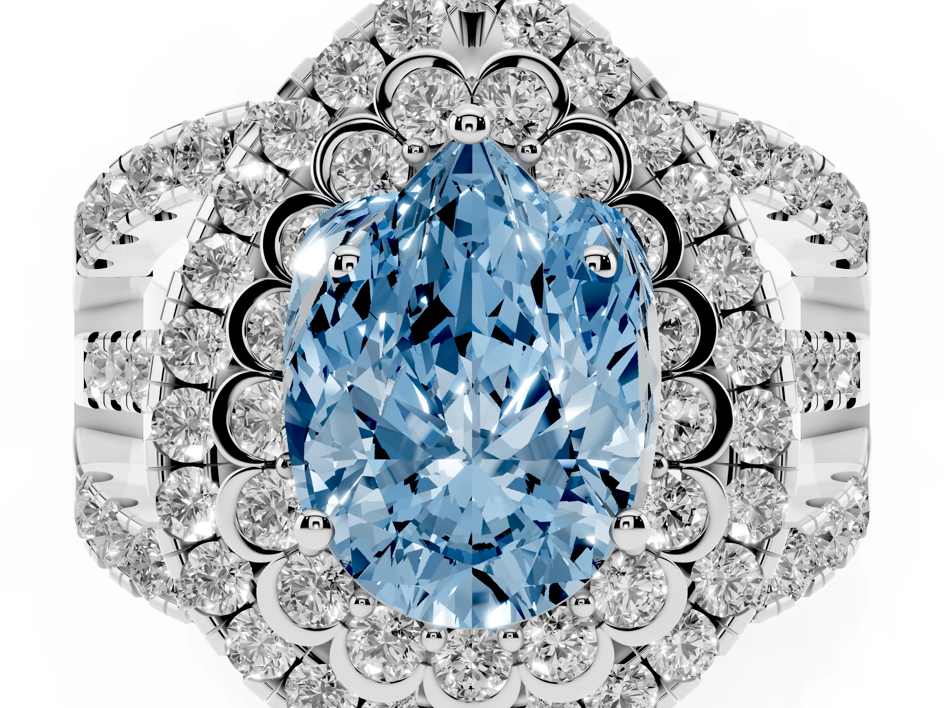 Fancy Blue Pear Cut Diamond Double Halo Ring Set in Platinum with Round Pavé Split Shank