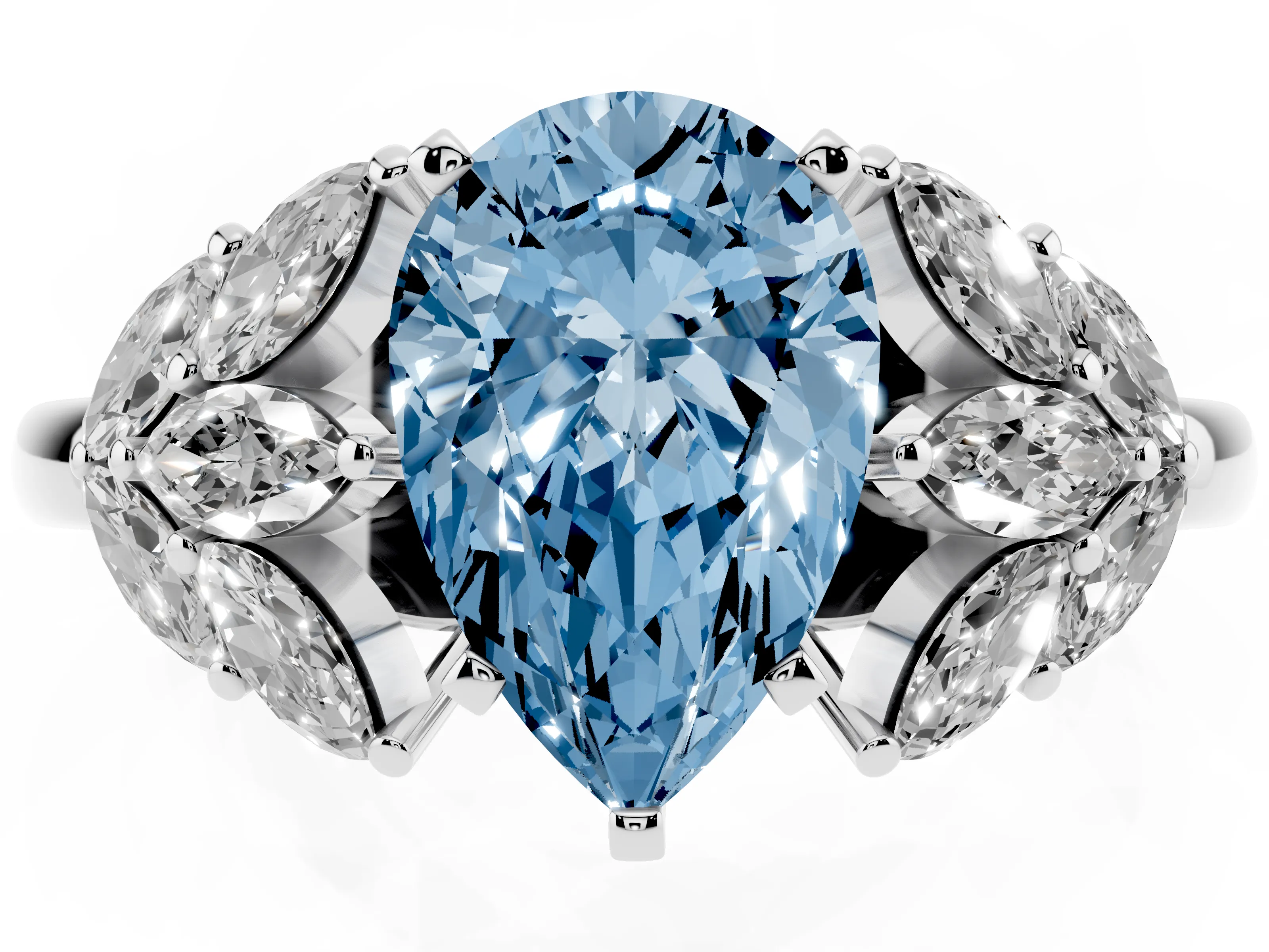 Fancy Blue Pear Cut Diamond Cluster Leaf Design Ring Set in Platinum with Prong Setting