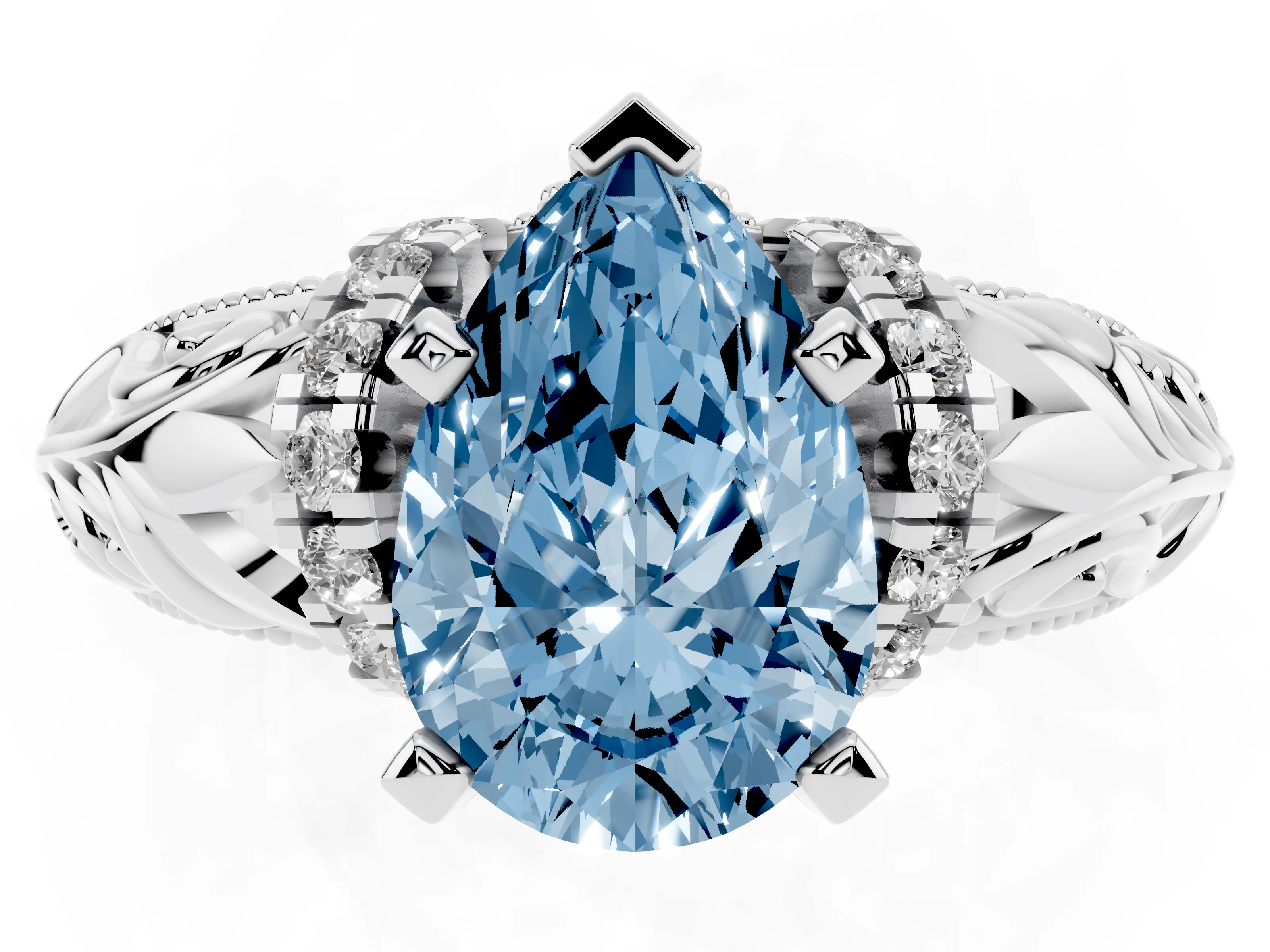 Fancy Blue Pear Cut Diamond Filigree Halo Engagement Ring Set in Silver with Prong Setting