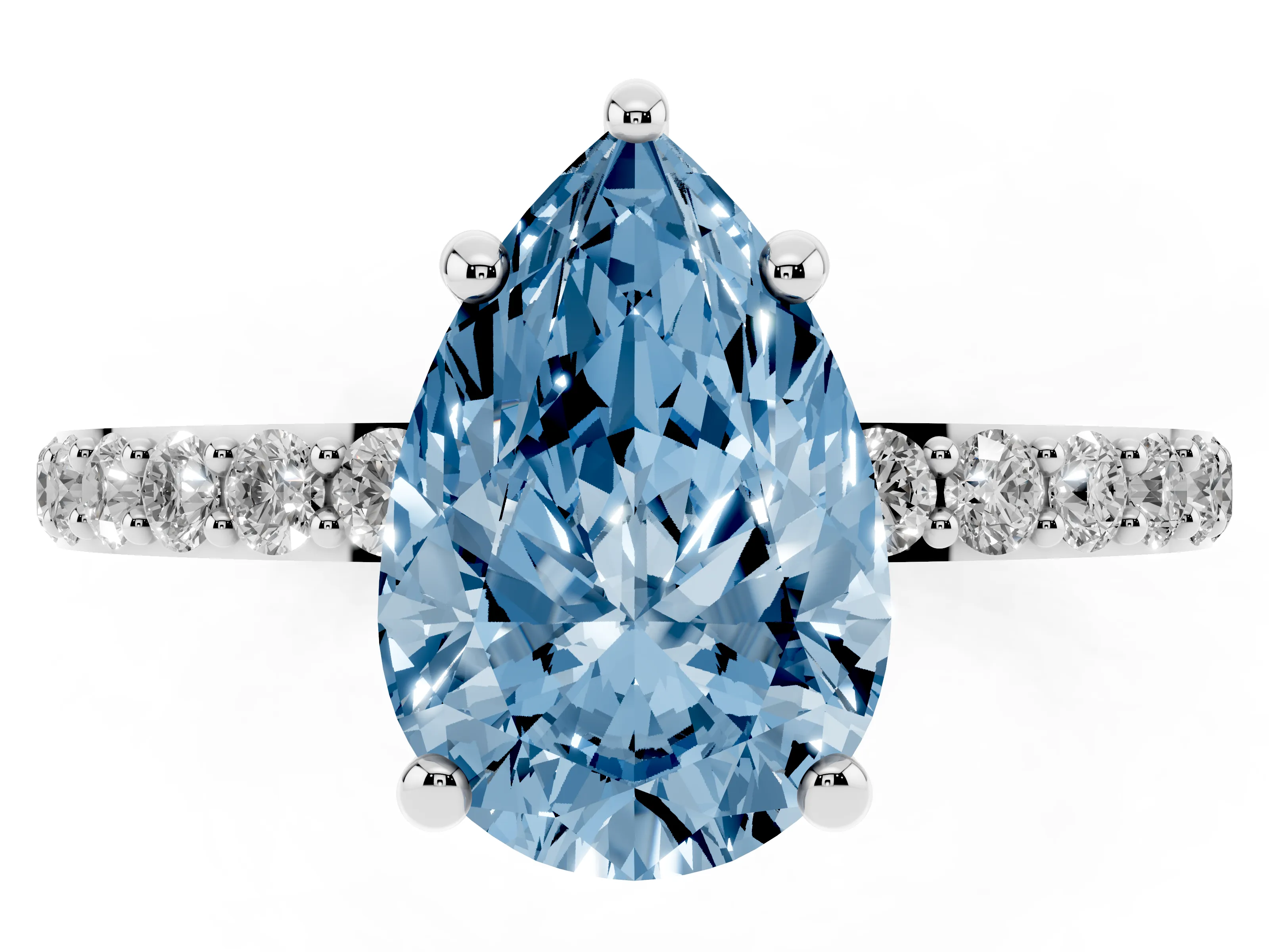 Fancy Blue Pear Cut Diamond Solitaire Ring Set in Platinum with Round Pavé Band and Prong Setting