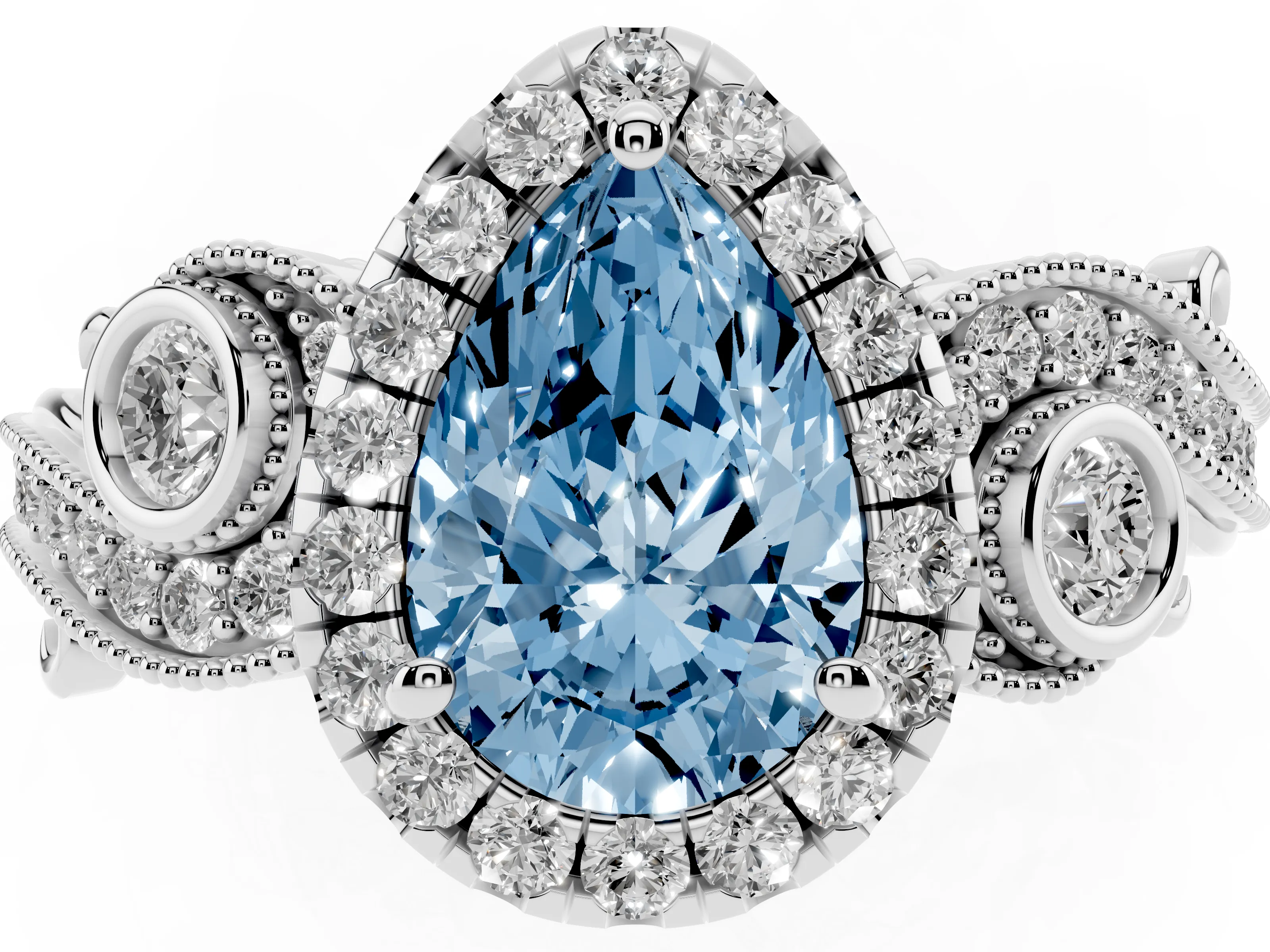 Fancy Blue Pear Cut Diamond Halo Ring Set in Silver with Milgrain Pavé Band and Prong Setting