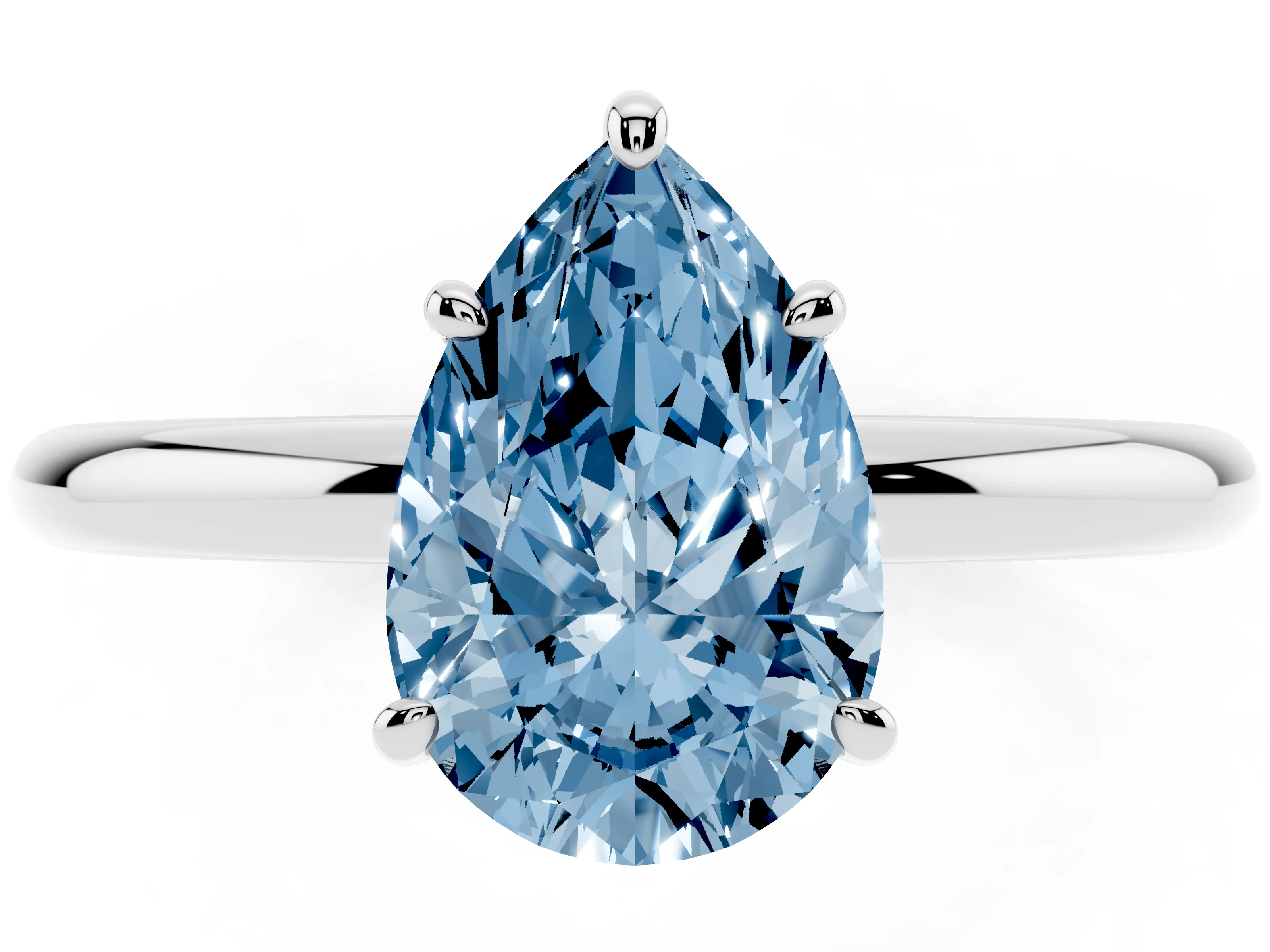 Fancy Blue Pear Cut Diamond Solitaire Ring Set in White gold with Prong Setting on a Polished Plain Band