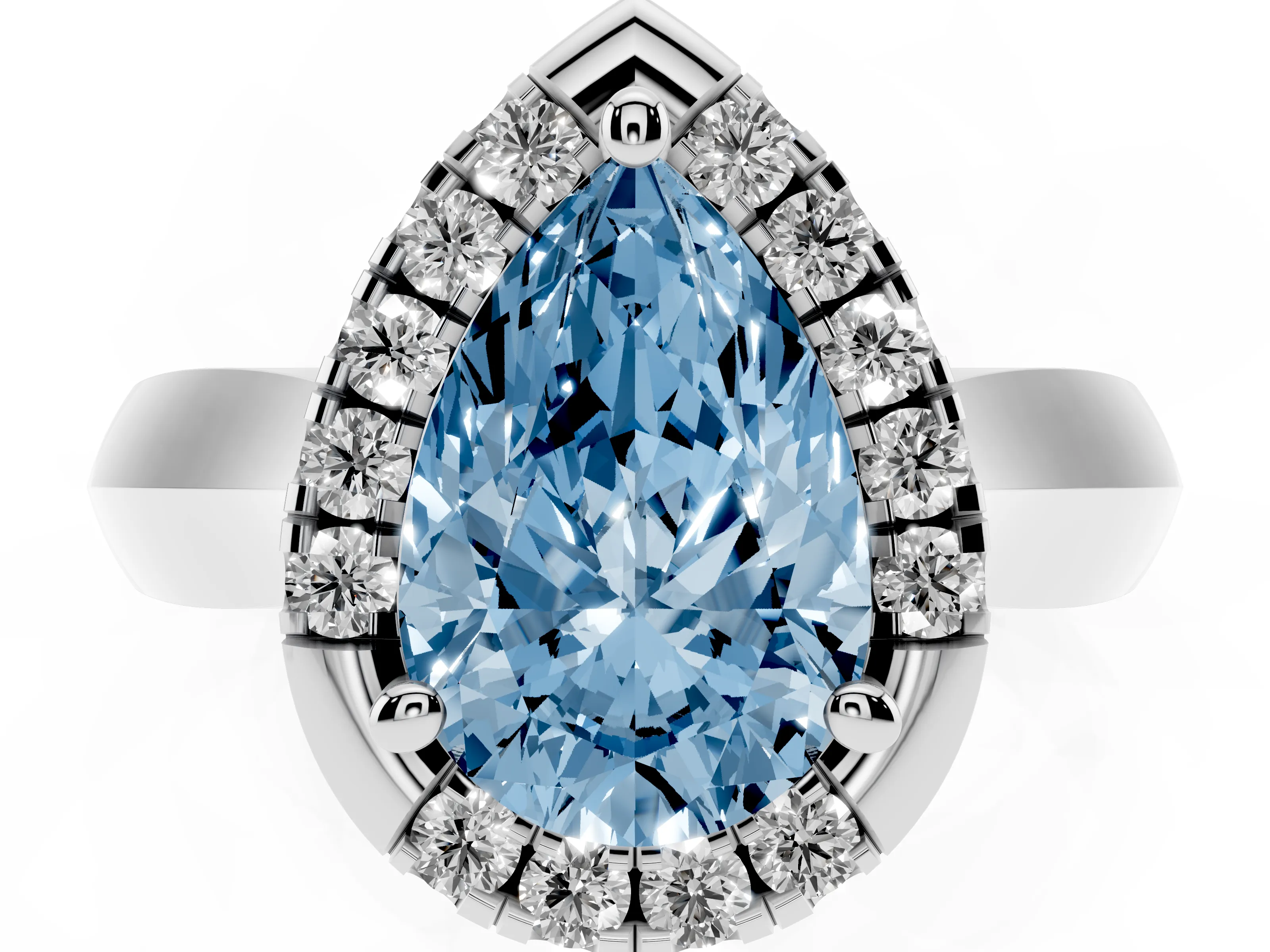 Fancy Blue Pear Cut Diamond Halo Solitaire Engagement Ring Set in Silver with Square Band and Prong Setting