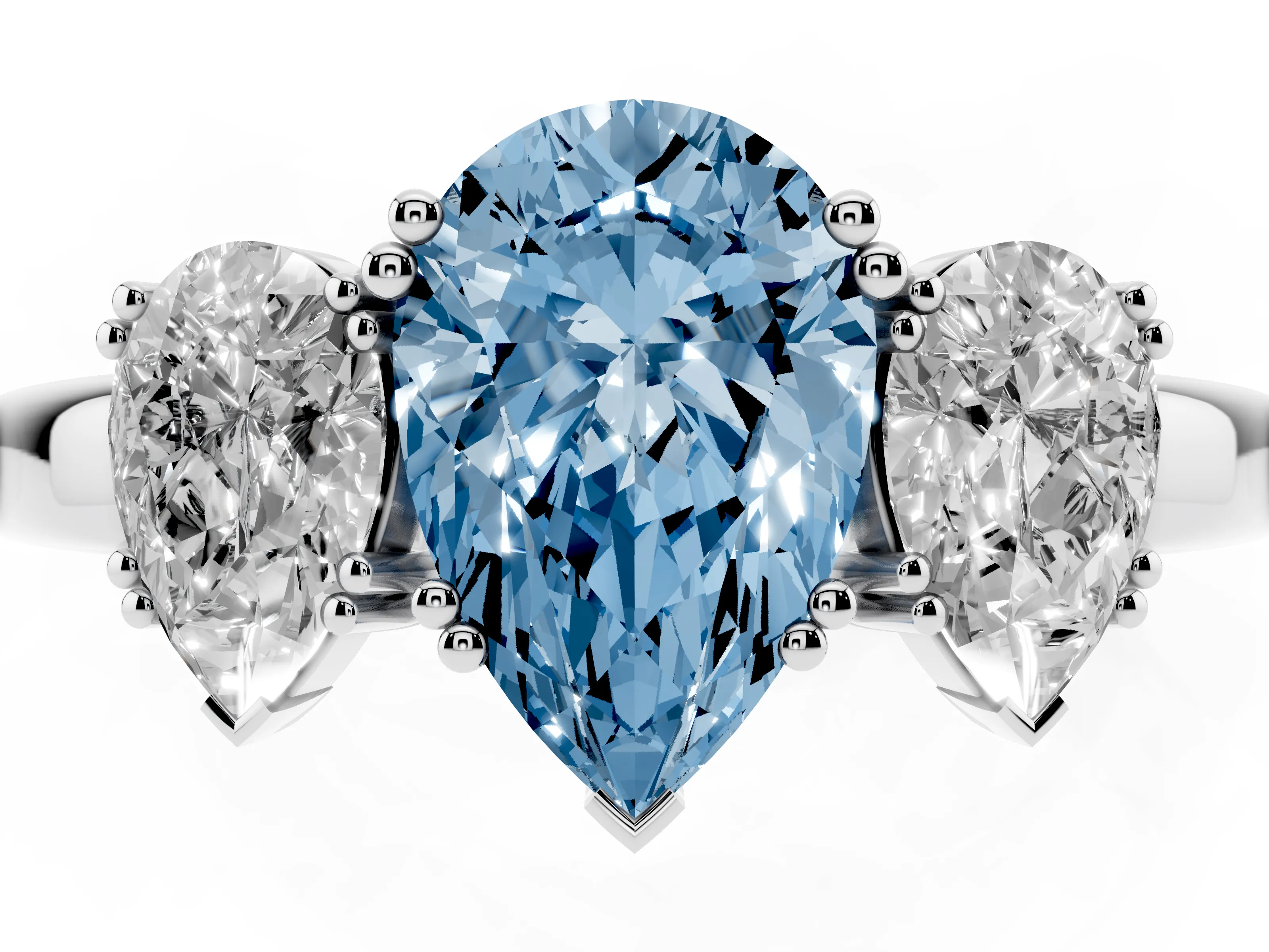 Fancy Blue Pear Cut Diamond Three-Stone Ring Set in White gold with Polished Channel-Set Band