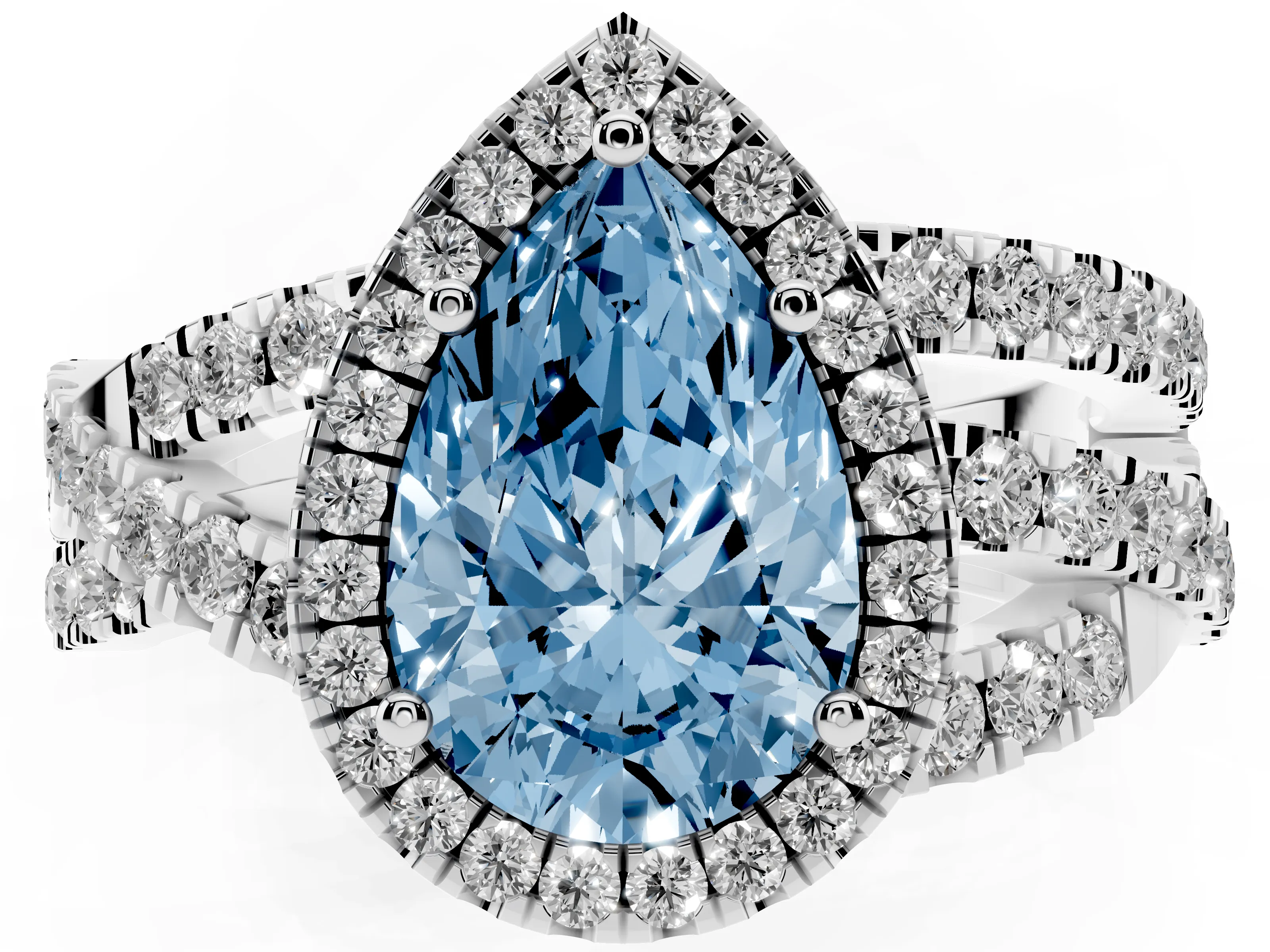 Fancy Blue Pear Cut Diamond Halo Ring Set in Silver with Round Crossover Split Shank and Prong Setting