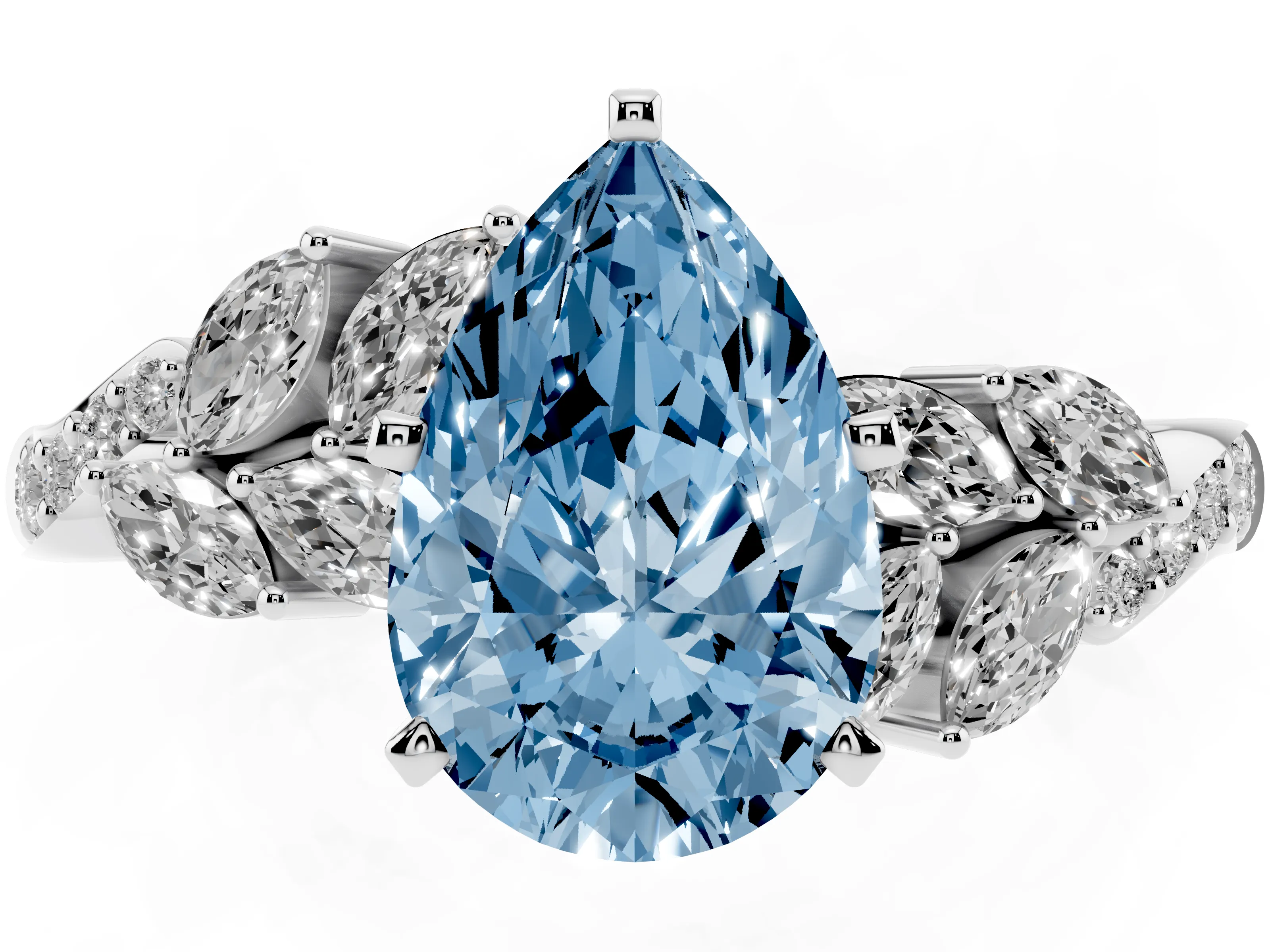 Fancy Blue Pear Cut Diamond Solitaire Ring Set in White gold with Marquise Twist Band and Prong Setting