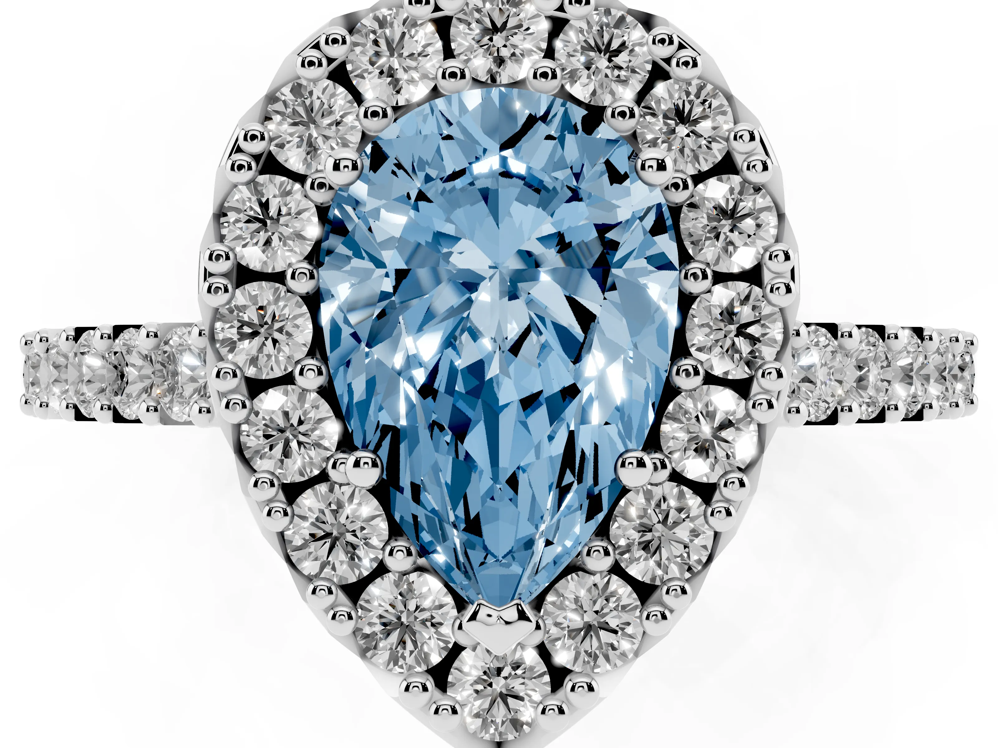 Fancy Blue Pear Cut Diamond Halo Pavé Solitaire Ring Set in Silver with Prong-Set Center Stone