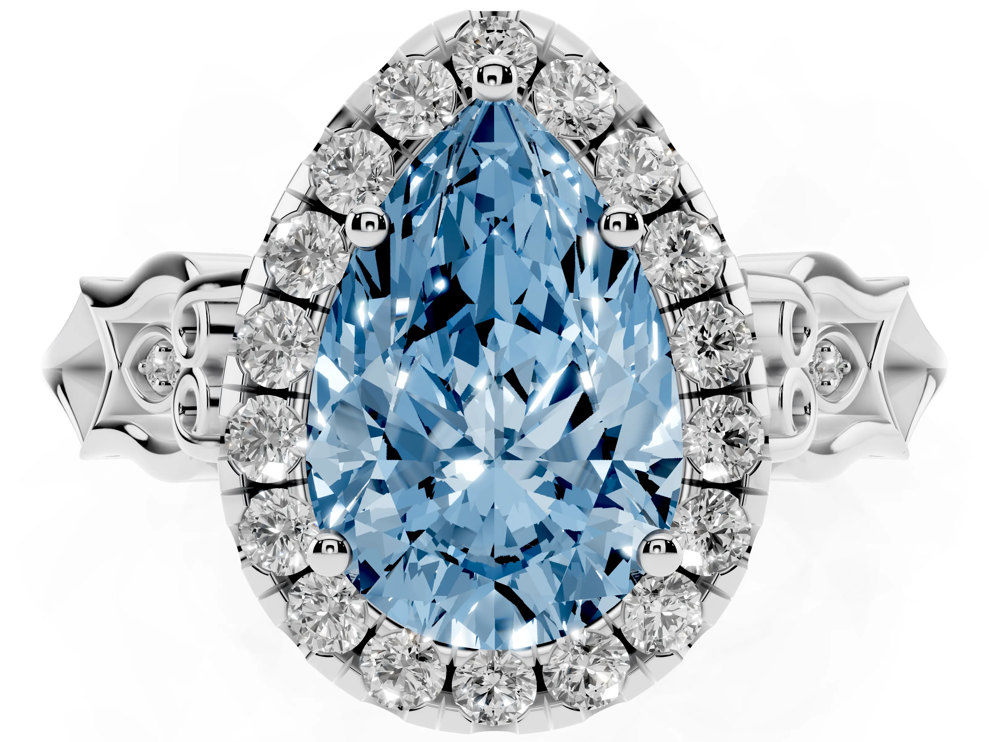 Fancy Blue Pear Cut Diamond Halo Engagement Ring Set in Platinum with Filigree Band and Prong-Set Center