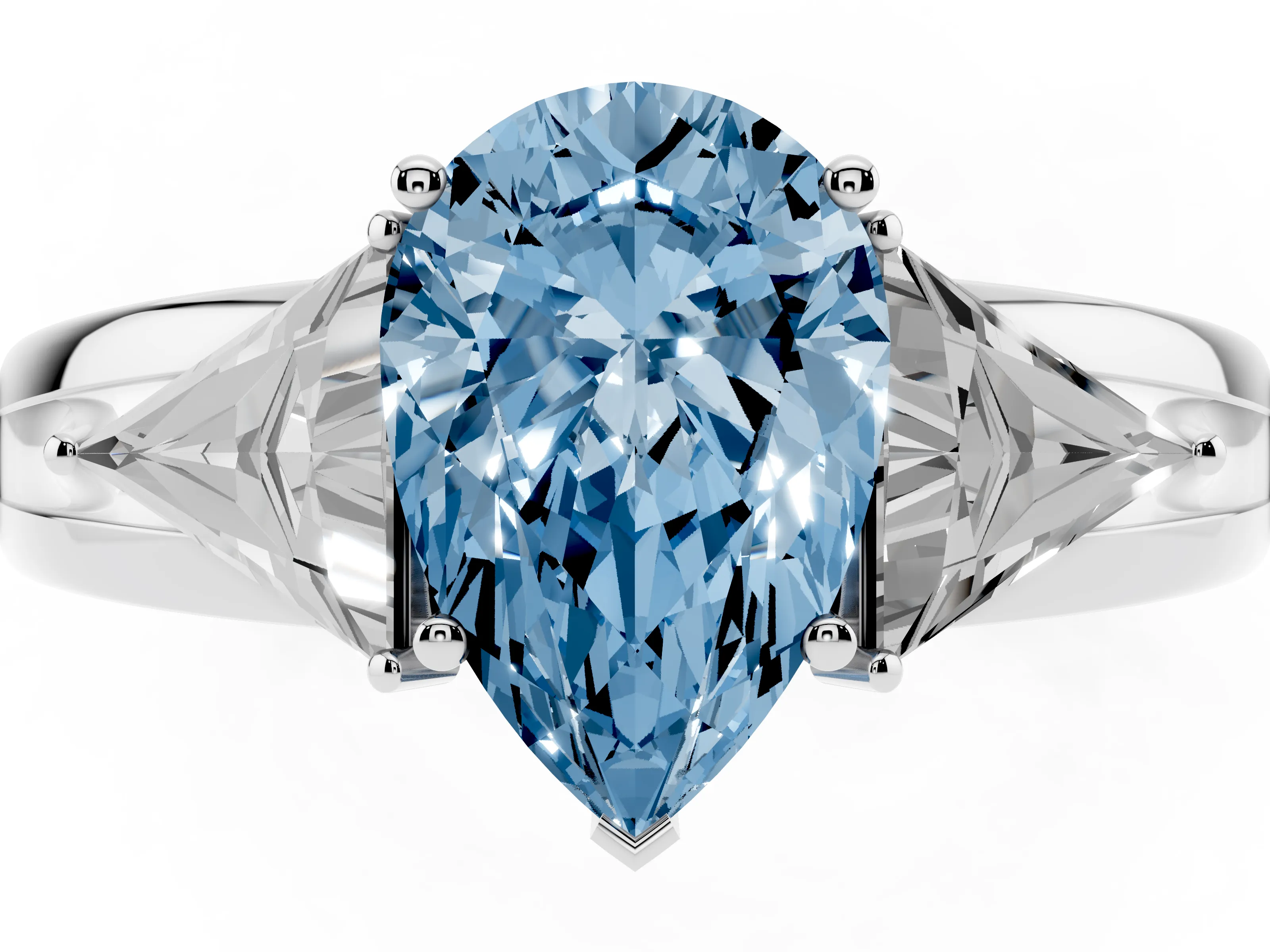 Fancy Blue Pear Cut Diamond Three-Stone Ring Set in Silver with Trillion Side Stones and Split Shank