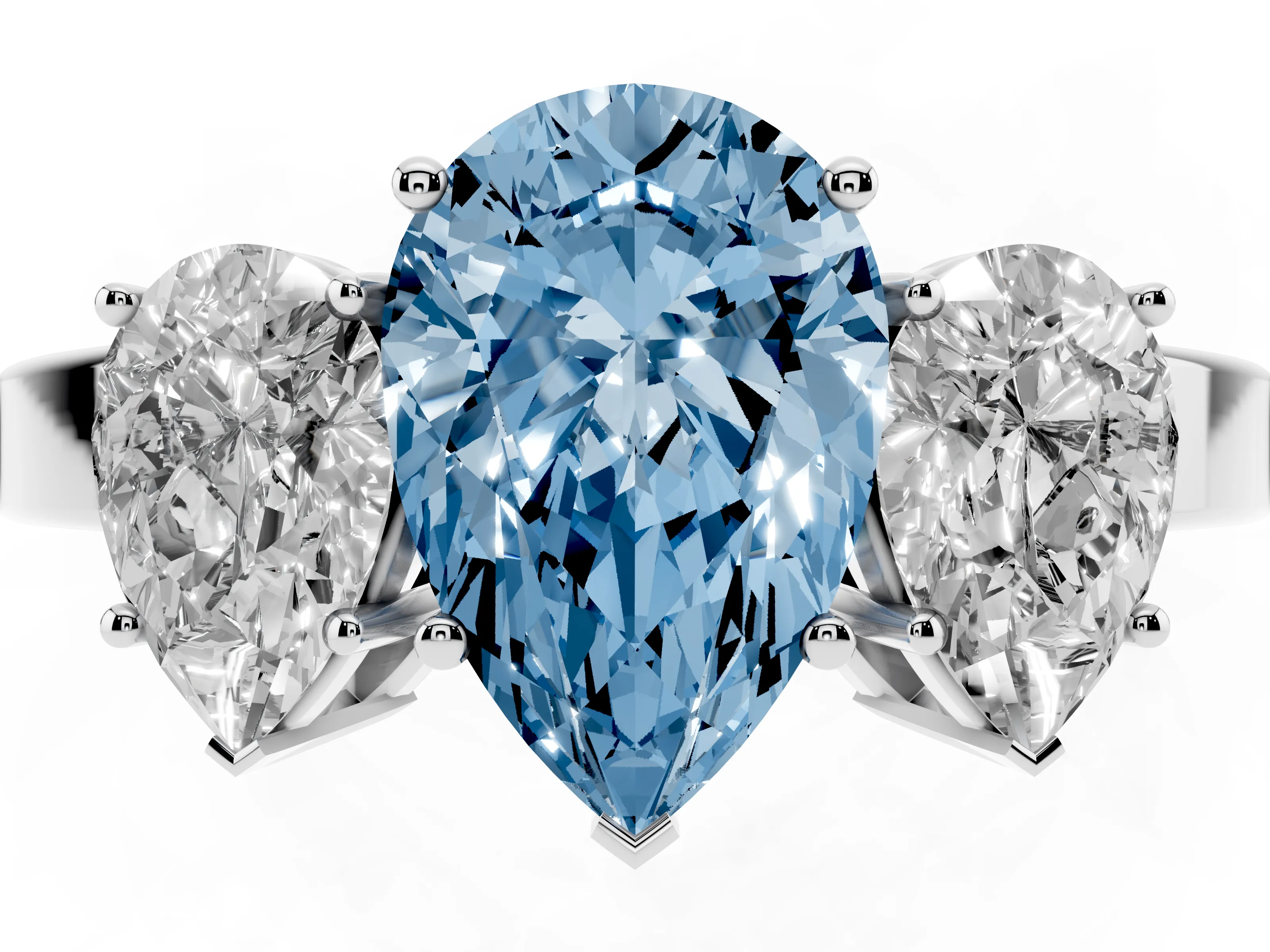 Fancy Blue Pear Cut Diamond Three-Stone Engagement Ring Set in Platinum with Flat Band