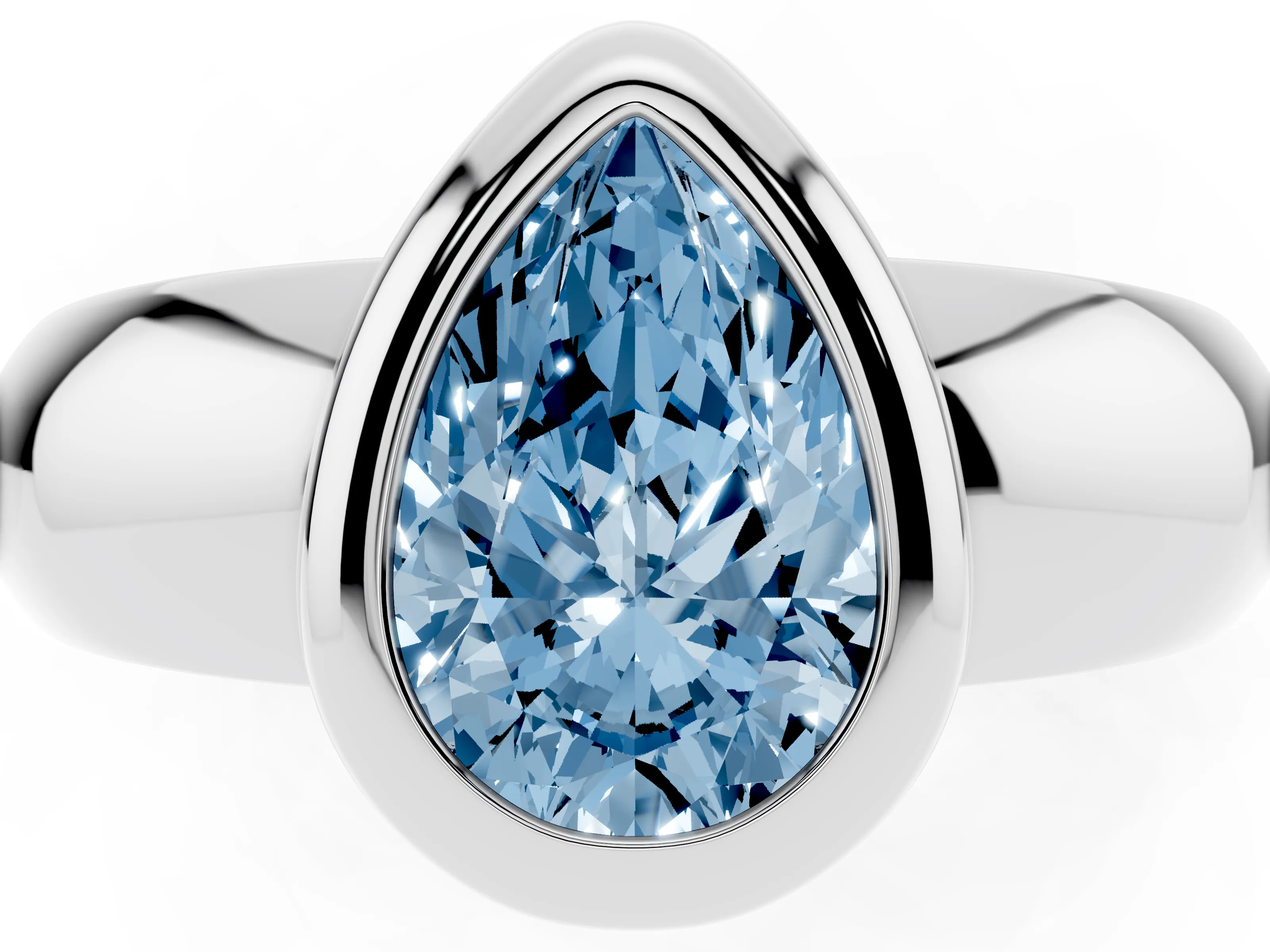 Fancy Blue Bezel Set Pear Cut Diamond Solitaire Ring Set in White gold with Wide Band