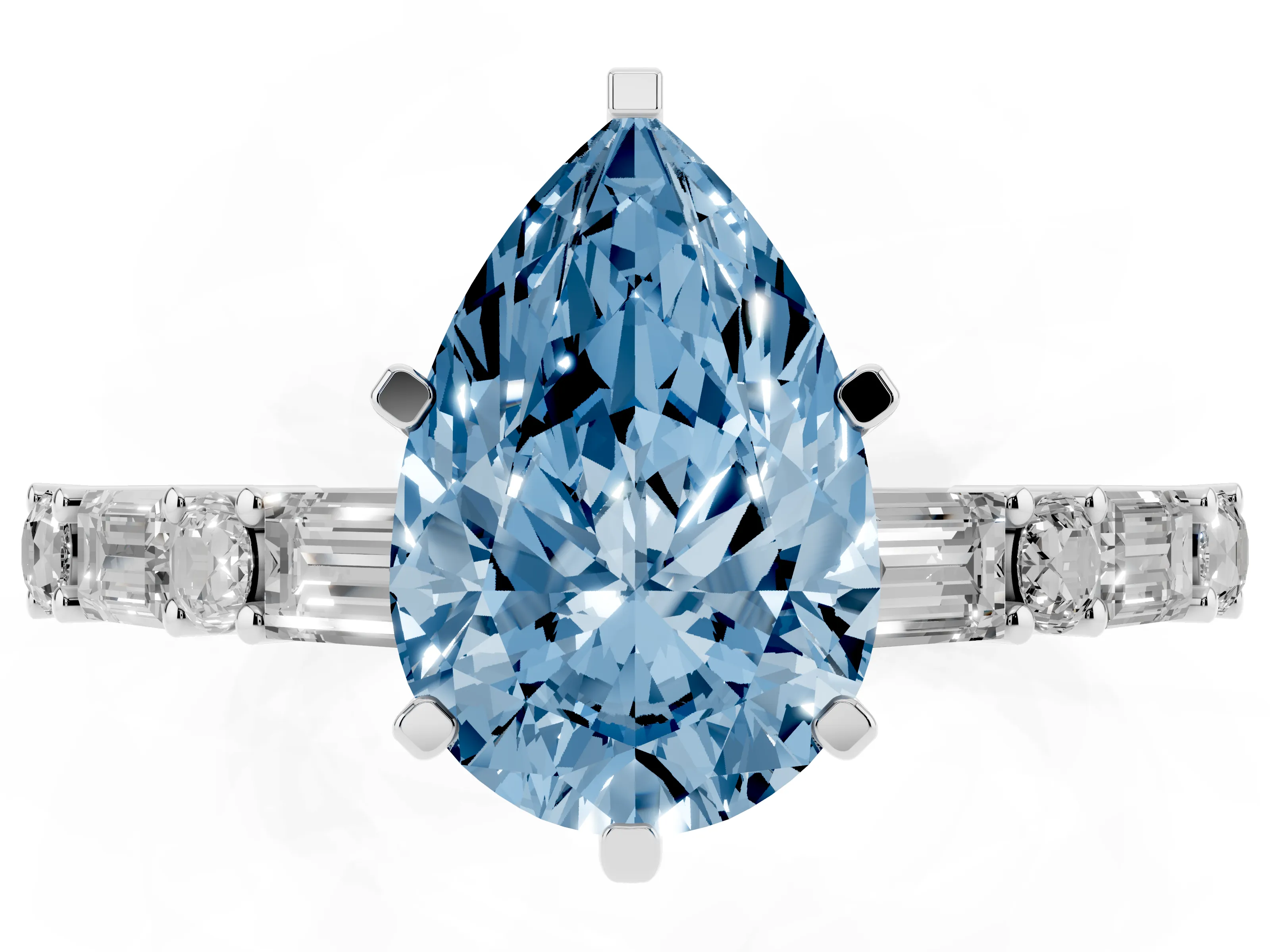 Fancy Blue Pear Cut Diamond Solitaire Set in White gold with Side Baguettes and Channel Set Band