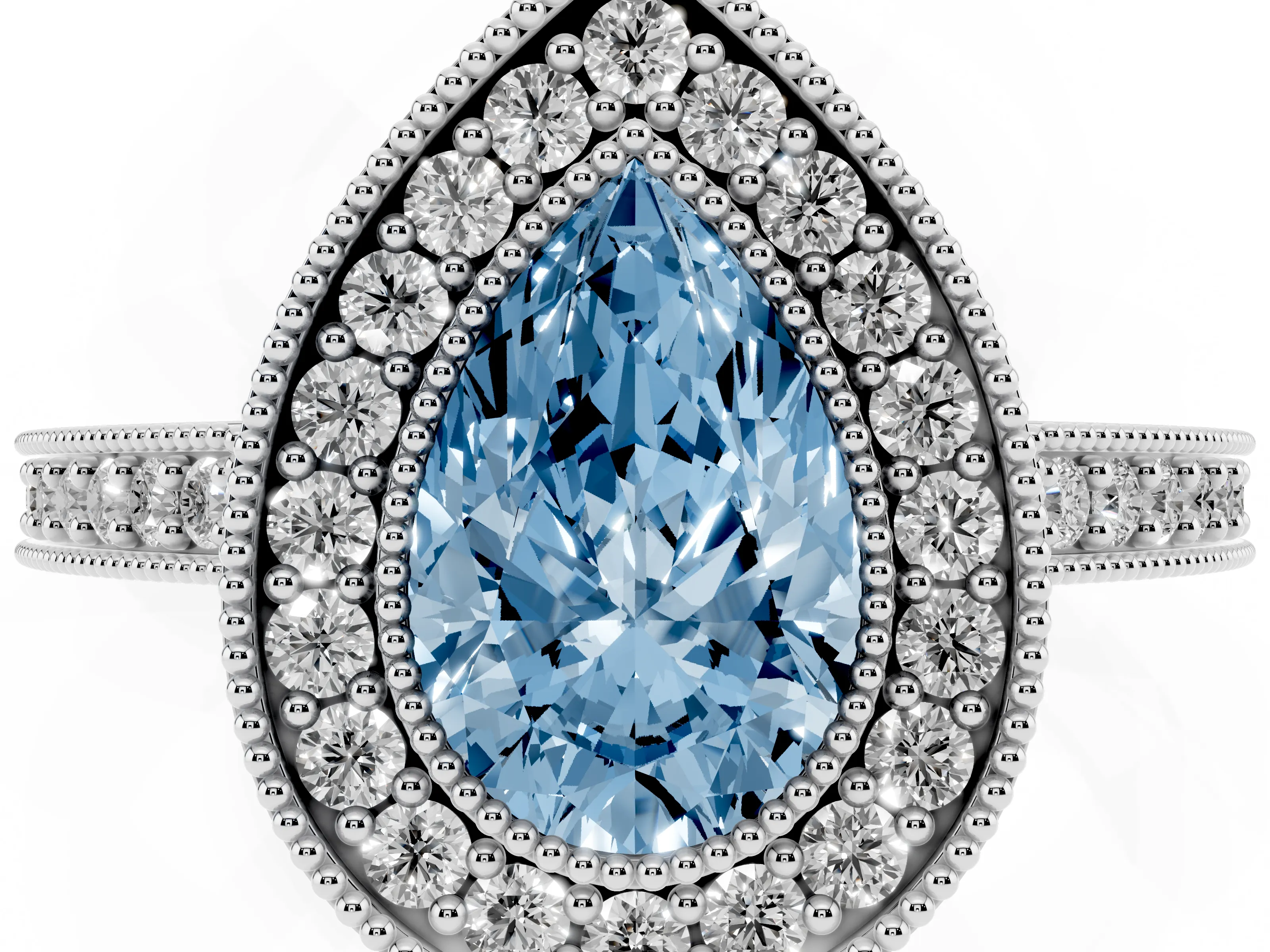 Fancy Blue Pear Cut Diamond Halo Engagement Ring Set in Platinum with Pavé Band and Round Halo Stones