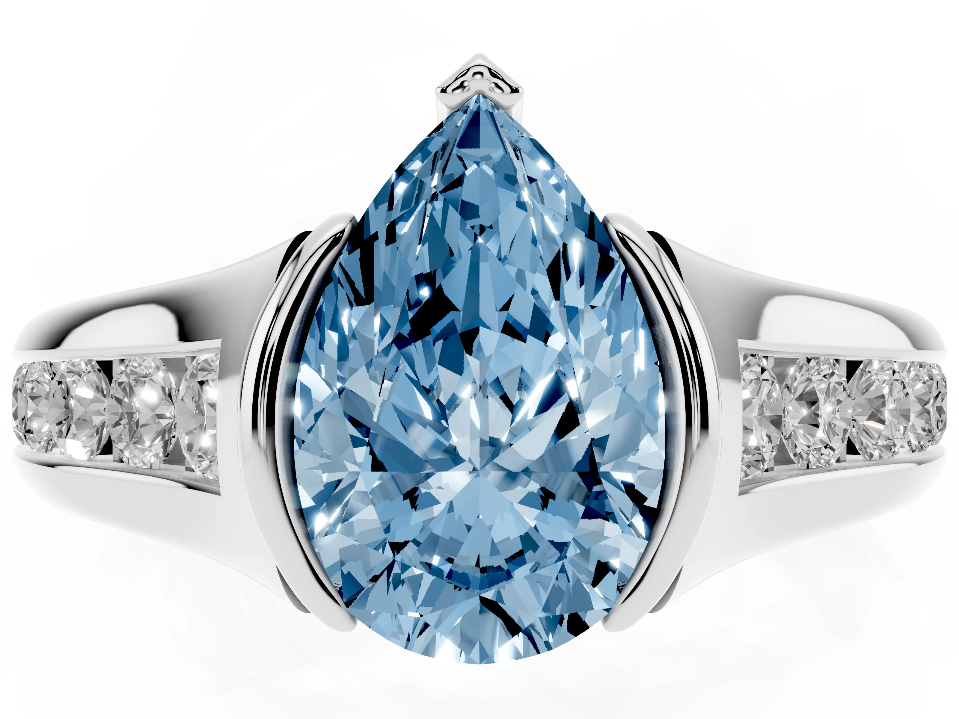 Fancy Blue Pear Cut Diamond Bezel-Set Solitaire Ring Set in Silver with Channel-Set Band