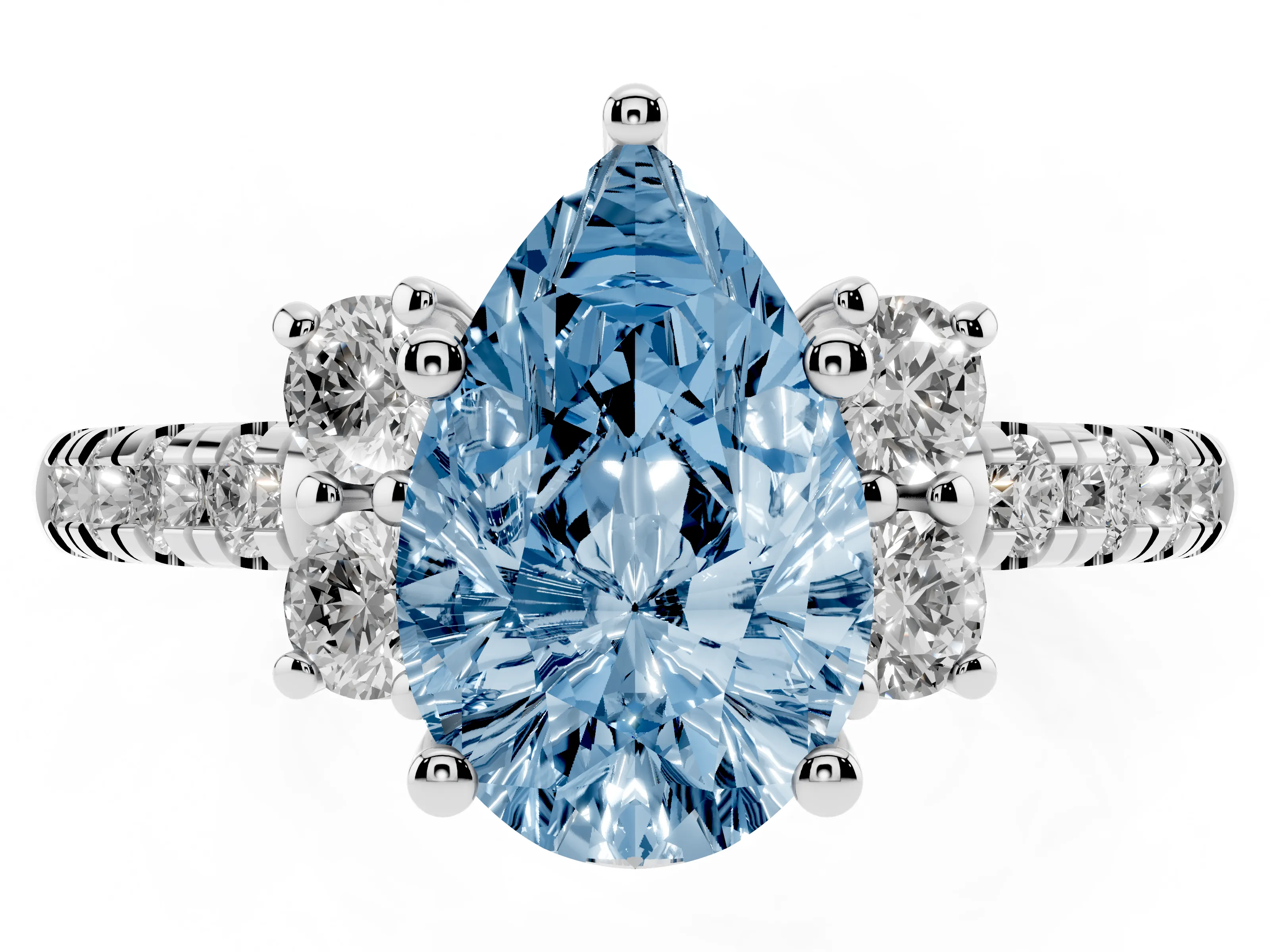 Fancy Blue Pear Cut Diamond Three-Stone Pavé Ring Set in White gold with Prong Setting