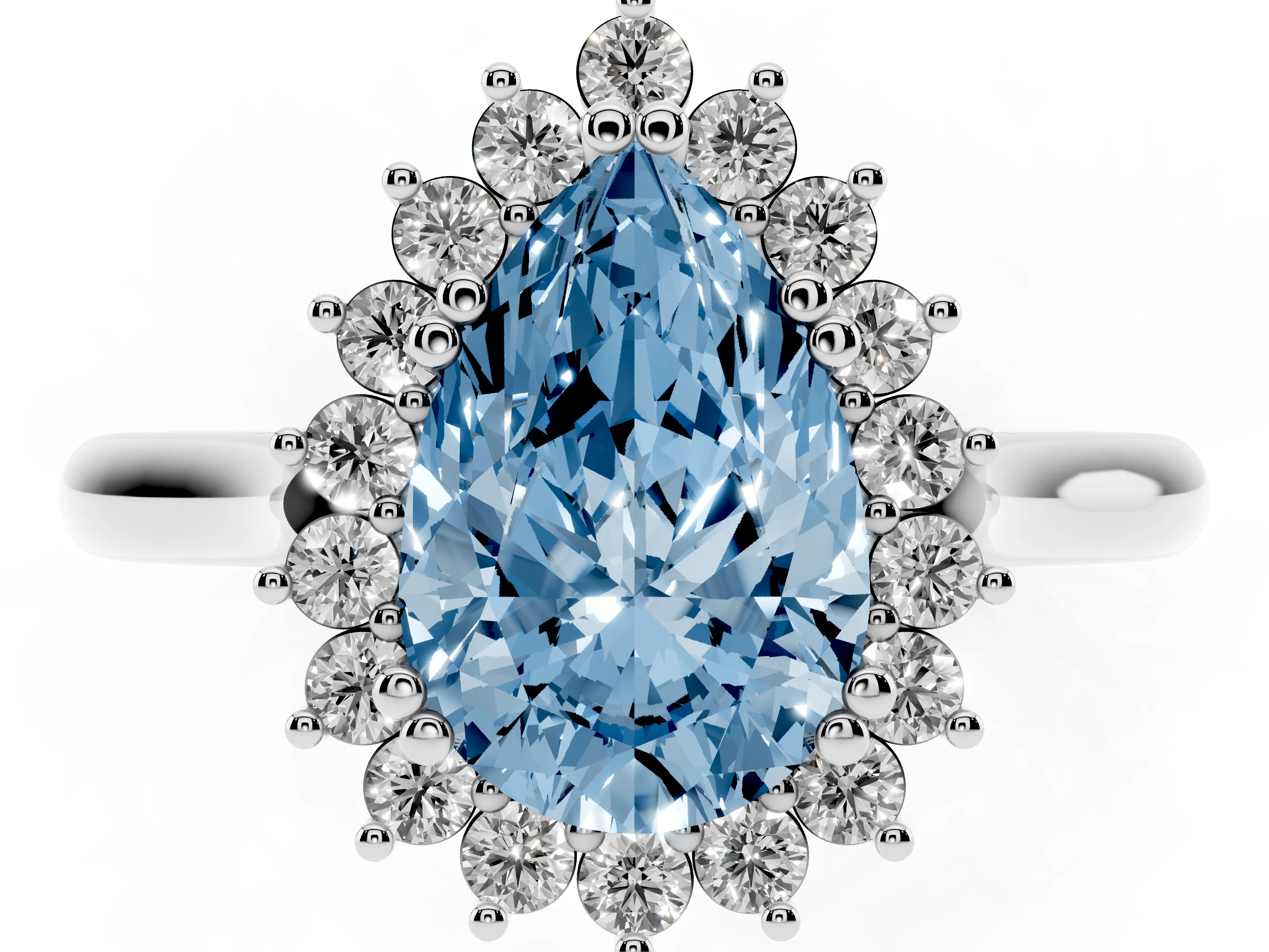 Fancy Blue Pear Cut Diamond Halo Ring Set in White gold with Plain Solitaire Band and Prong Setting