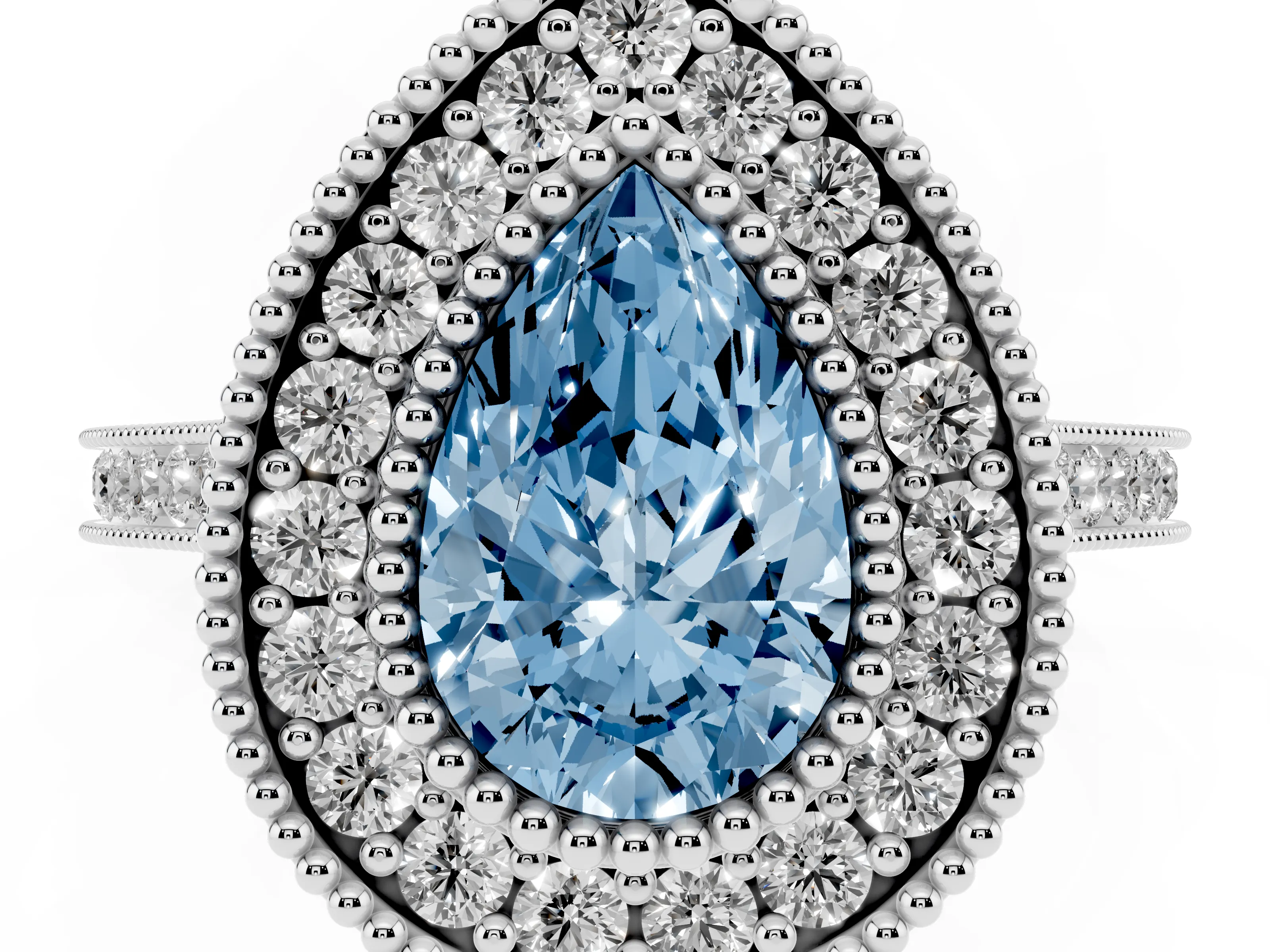 Fancy Blue Pear Cut Diamond Halo Ring Set in White gold with Milgrain Frame and Pavé Band