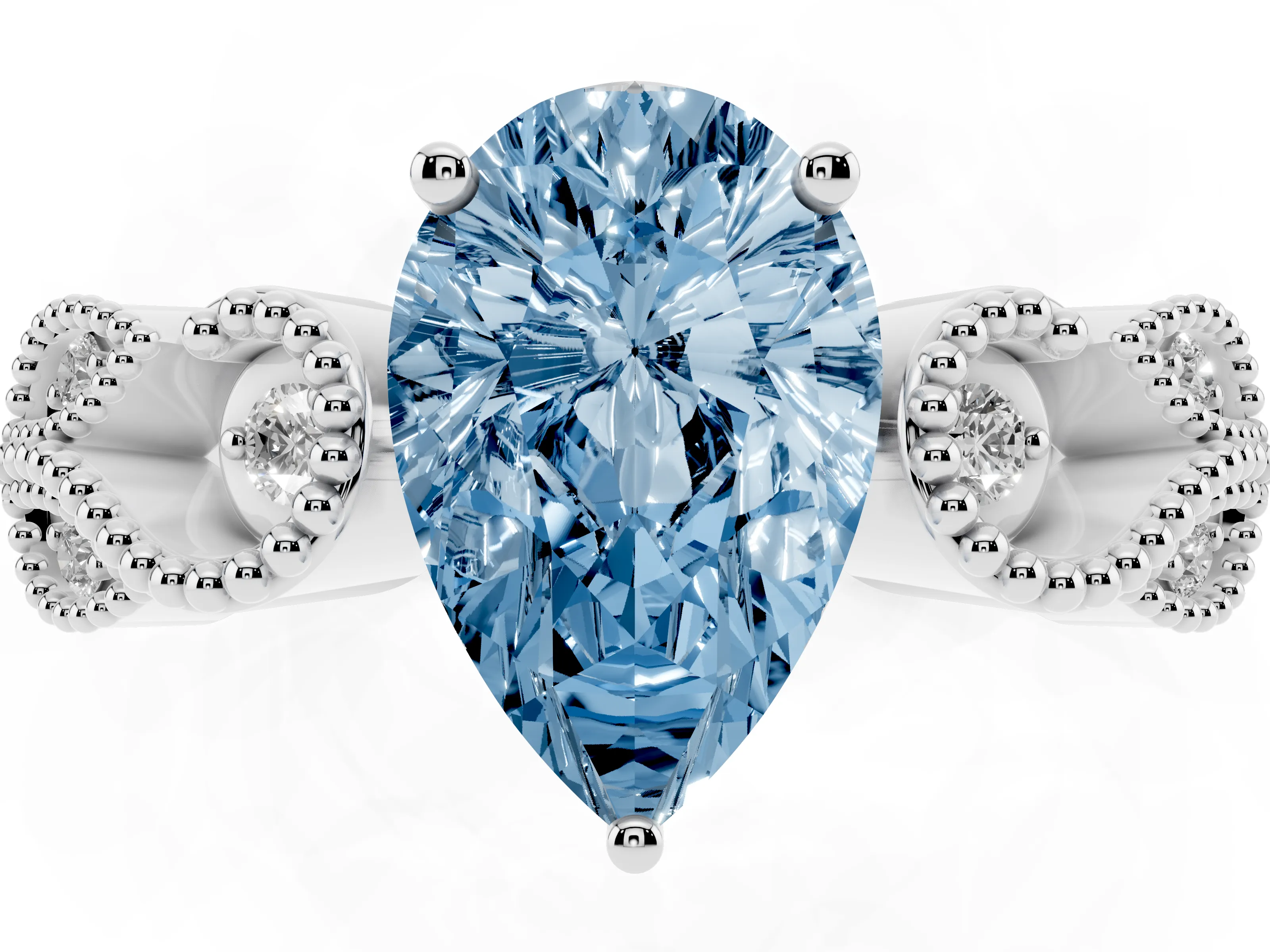 Fancy Blue Pear Cut Diamond Milgrain Leaf Band Solitaire Ring Set in White gold with Accent Stones and Prong Setting