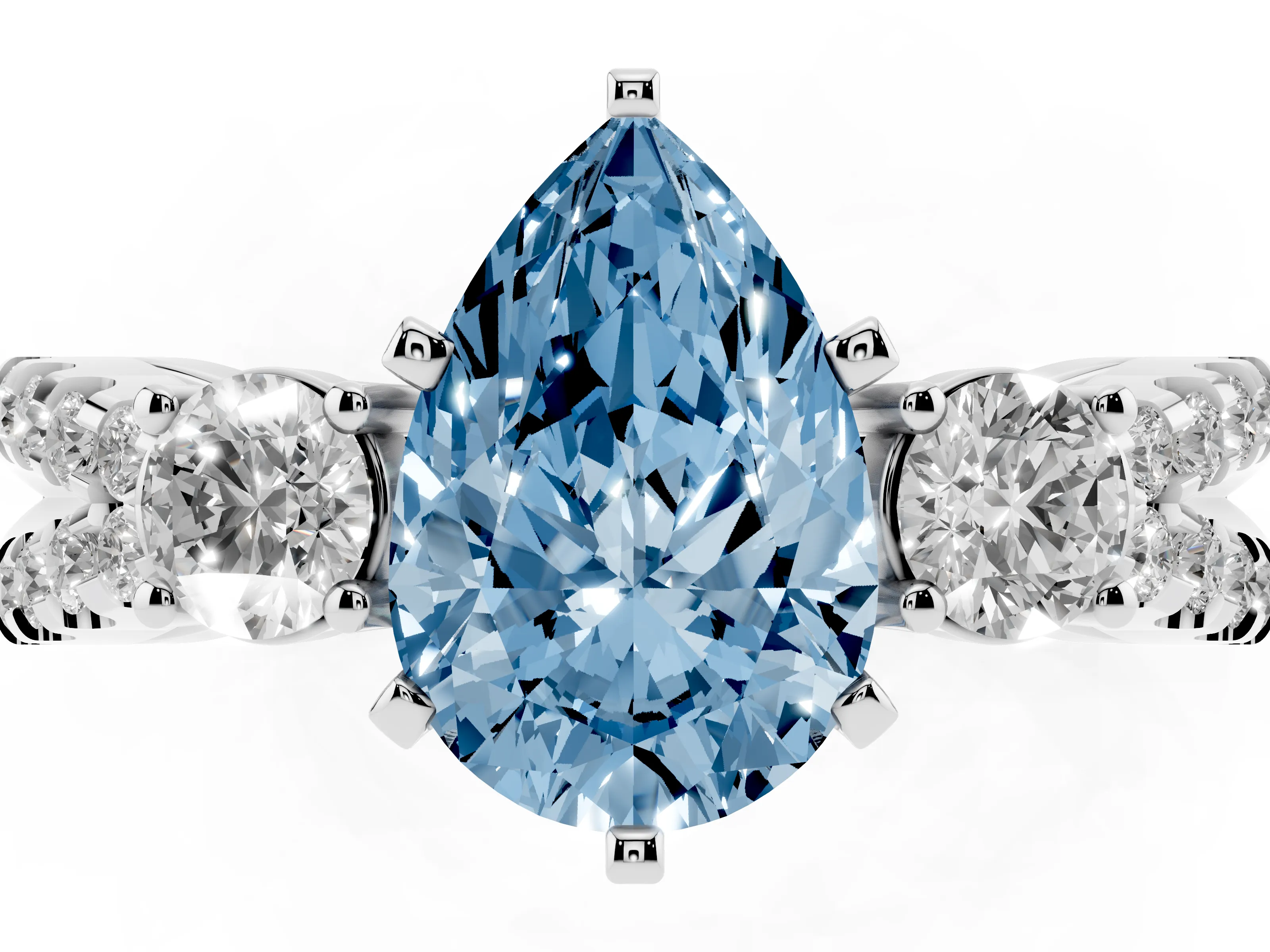 Fancy Blue Pear Cut Diamond Three-Stone Ring Set in Platinum with Pavé Split Shank and Prong Setting