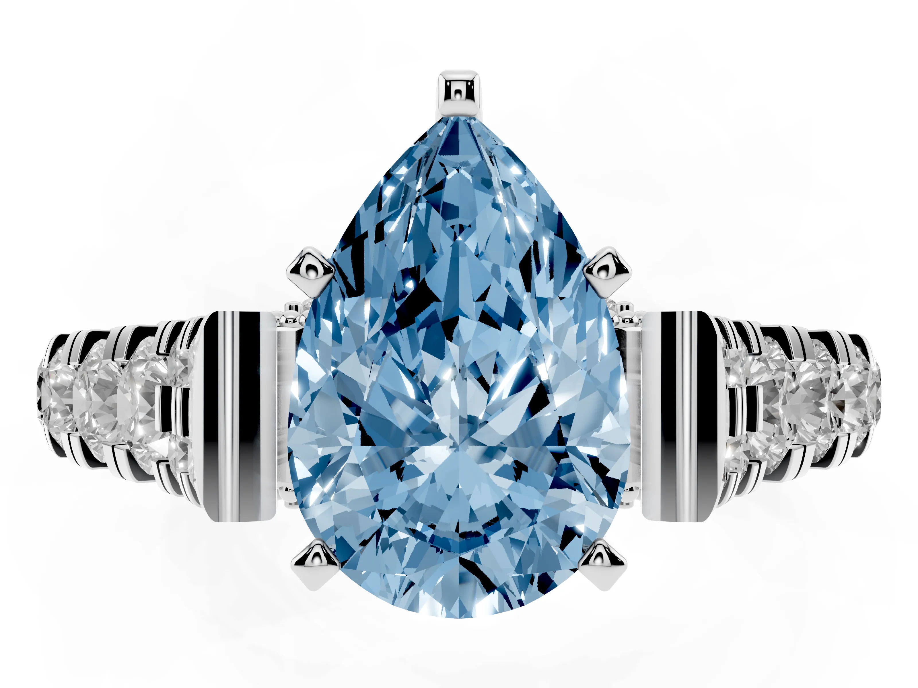 Fancy Blue Pear Cut Diamond Classic Solitaire Ring Set in Platinum with Pavé Band and Prong Setting
