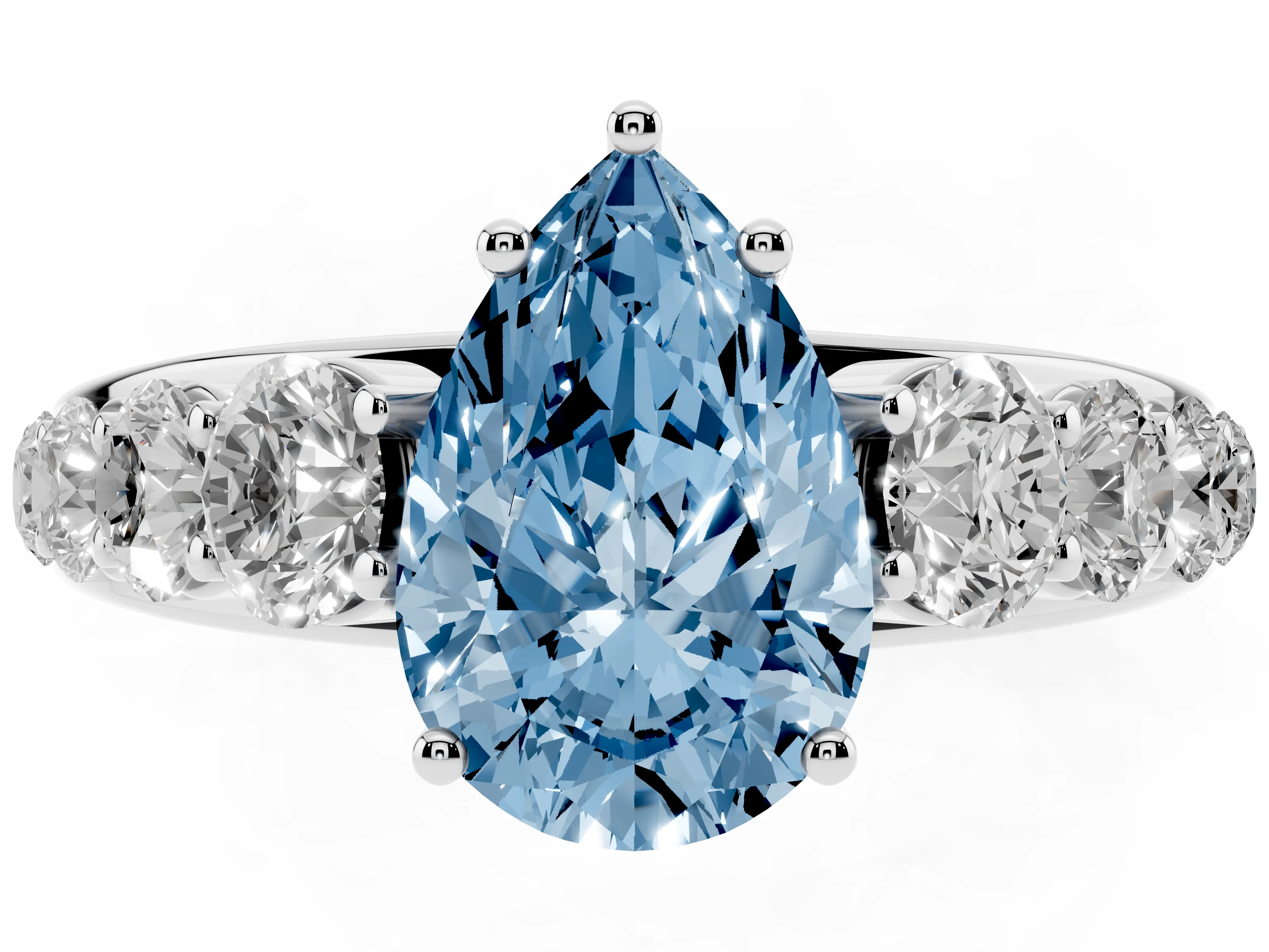 Fancy Blue Pear Cut Diamond Solitaire Ring Set in Platinum with Pavé-Set Band and Prong Setting