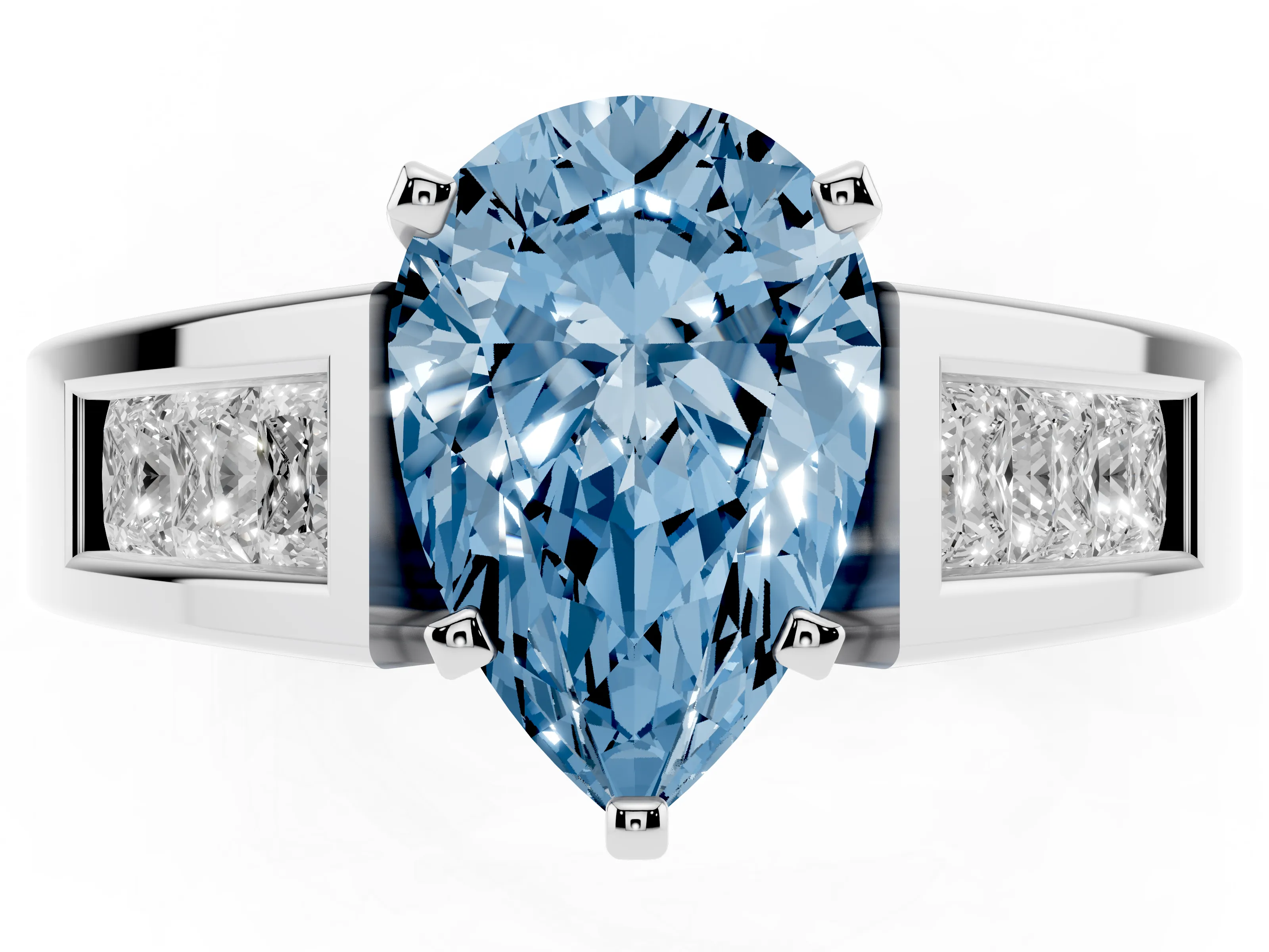 Fancy Blue Pear Cut Diamond Solitaire Ring Set in White gold with Channel-Set Accent Stones and Prong Setting