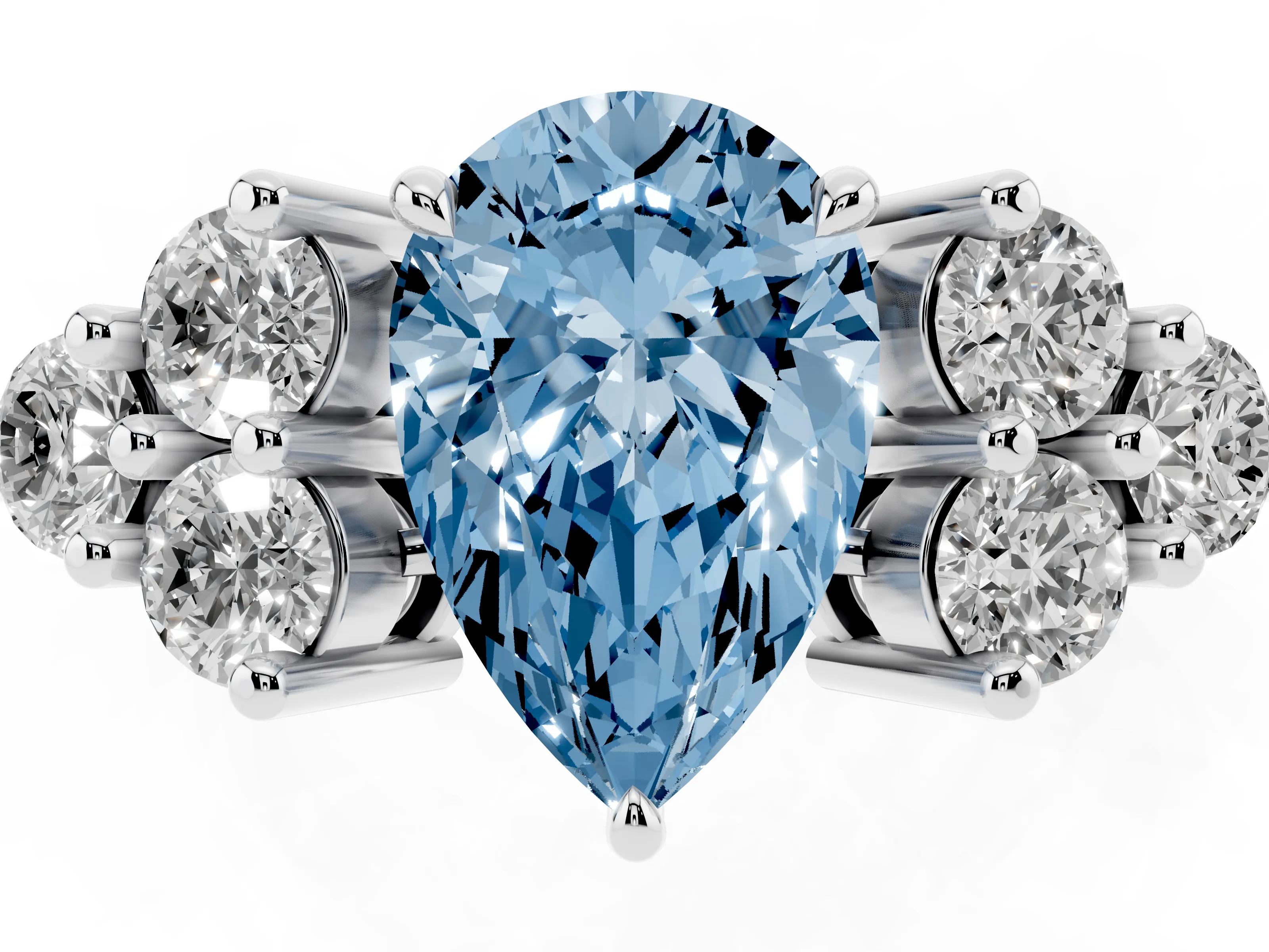 Fancy Blue Pear Cut Diamond Solitaire Ring Set in Silver with Cluster Accents on Each Side