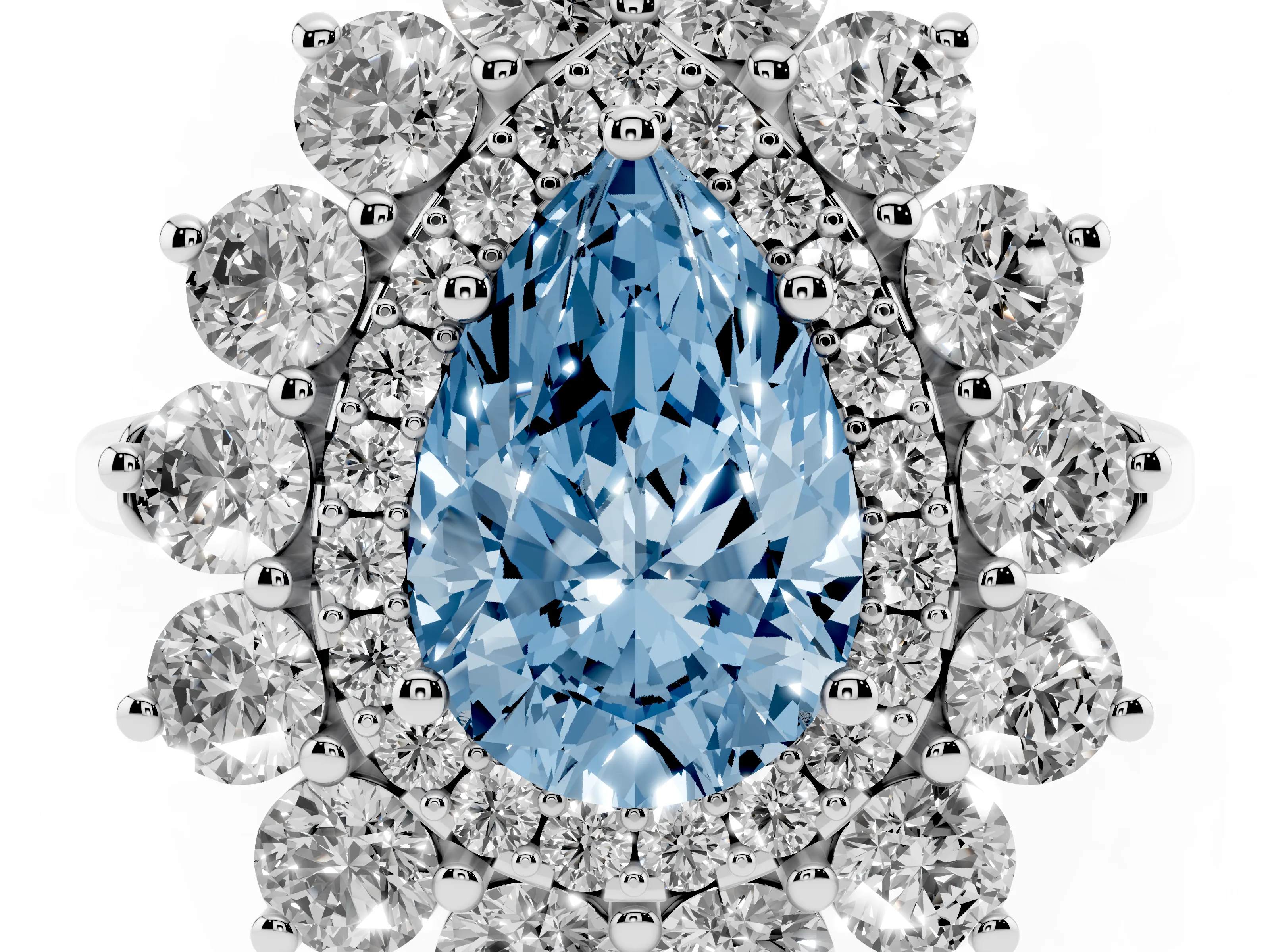 Fancy Blue Pear Cut Diamond Floral Double Halo Ring Set in White gold with Round Petals