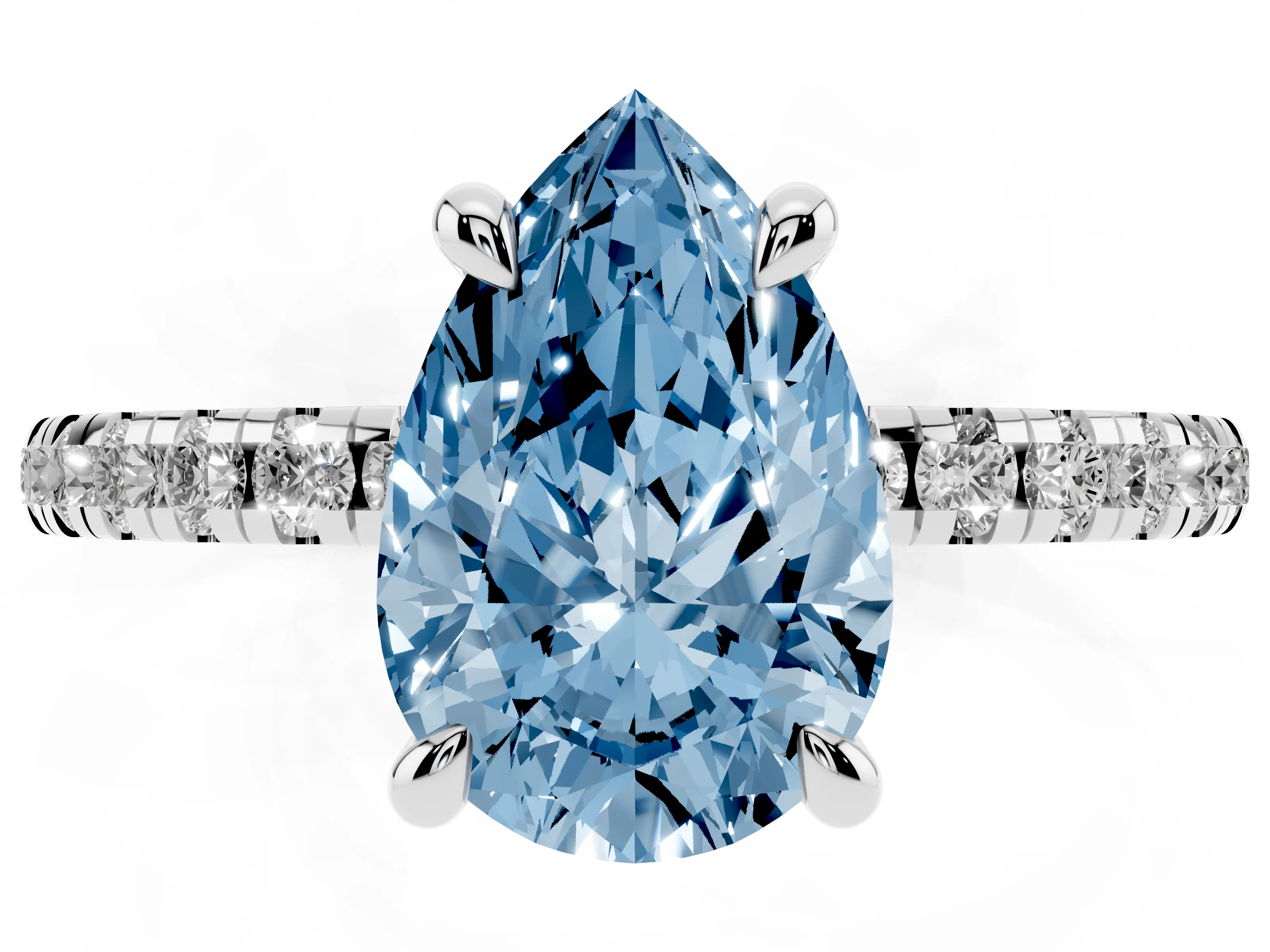 Fancy Blue Pear Cut Diamond Brilliant Solitaire Ring Set in White gold with Pavé Band and Prong Setting