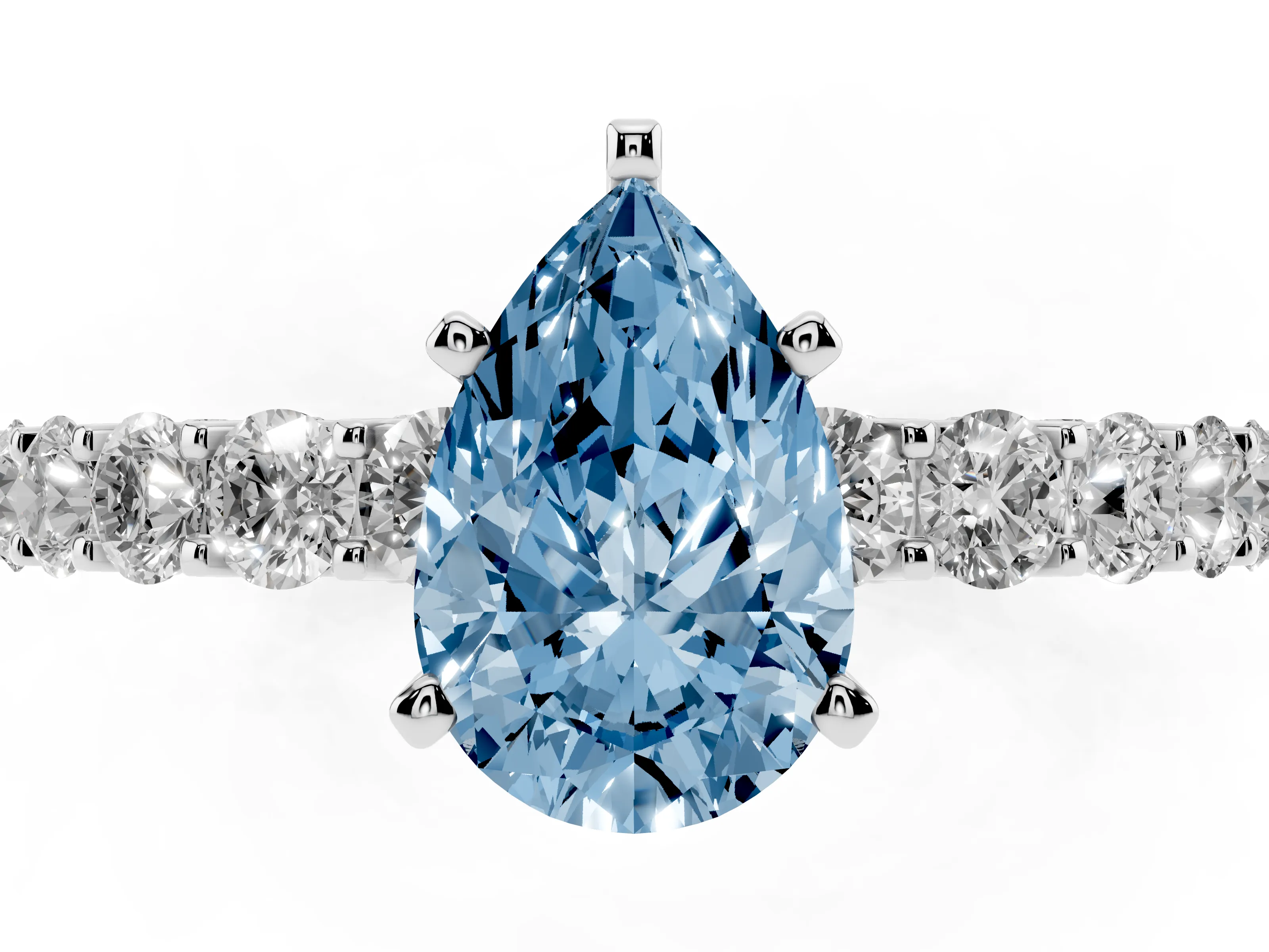 Fancy Blue Pear Cut Diamond Solitaire Ring Set in Platinum with Shared Prong Pavé Band