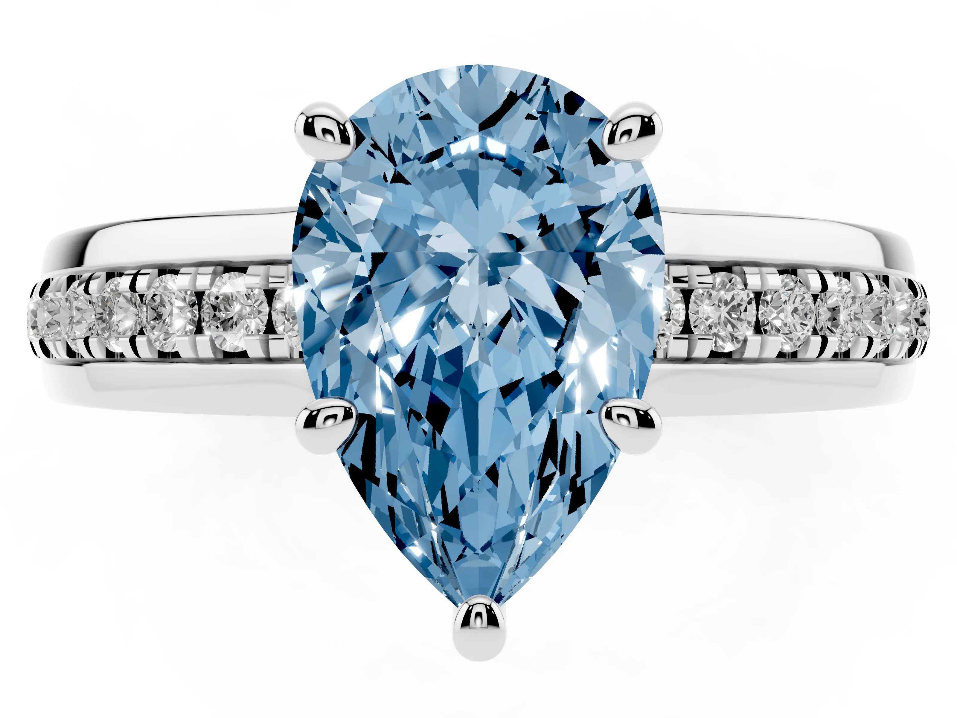 Fancy Blue Pear Cut Diamond Solitaire Ring Set in Platinum with Channel Set Band and Prong Setting