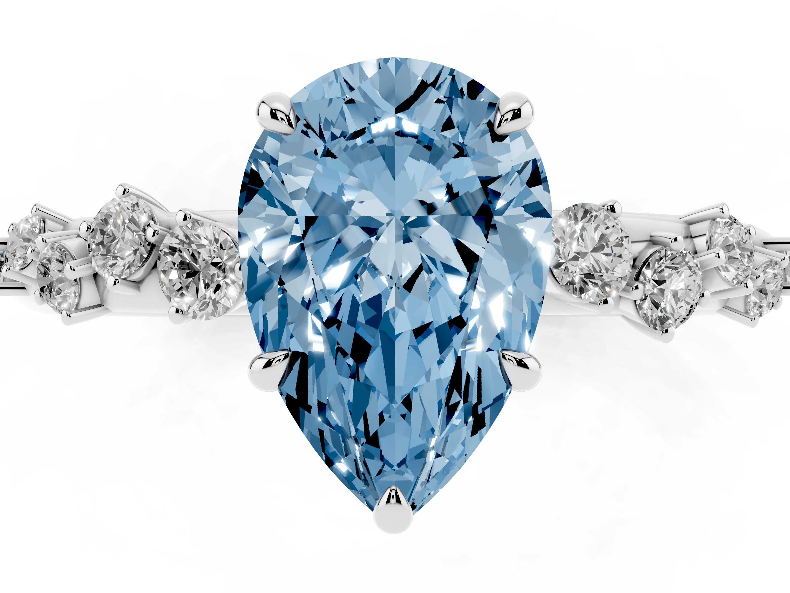 Fancy Blue Pear Cut Diamond Cluster Solitaire Ring Set in Platinum with Prong Setting