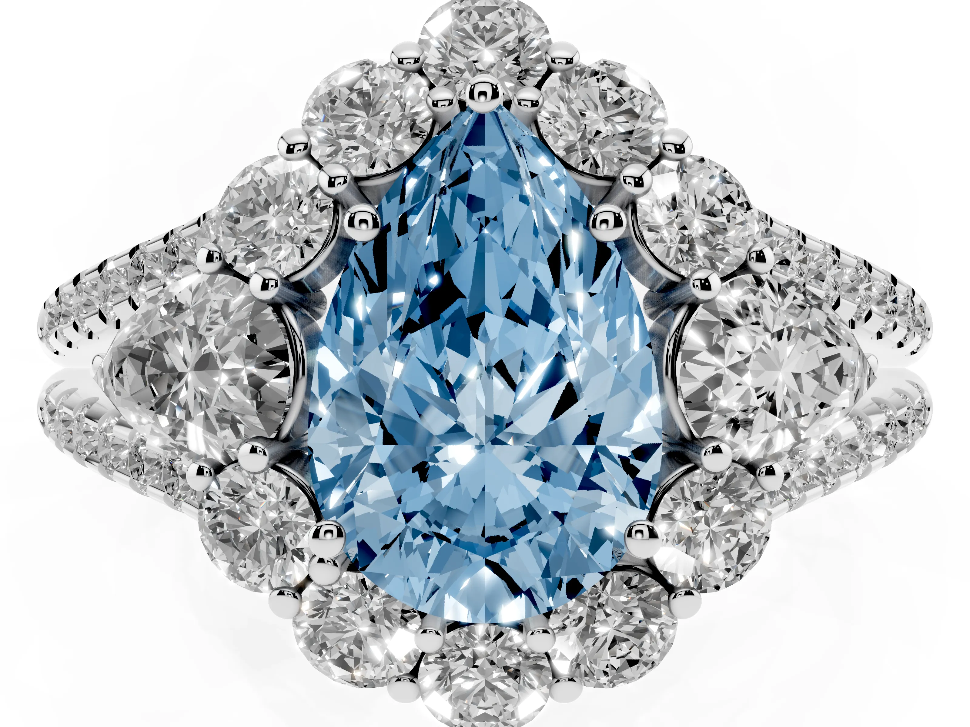 Fancy Blue Pear Cut Diamond Halo Split Shank Engagement Ring Set in Silver with Prong-Held Center Stone