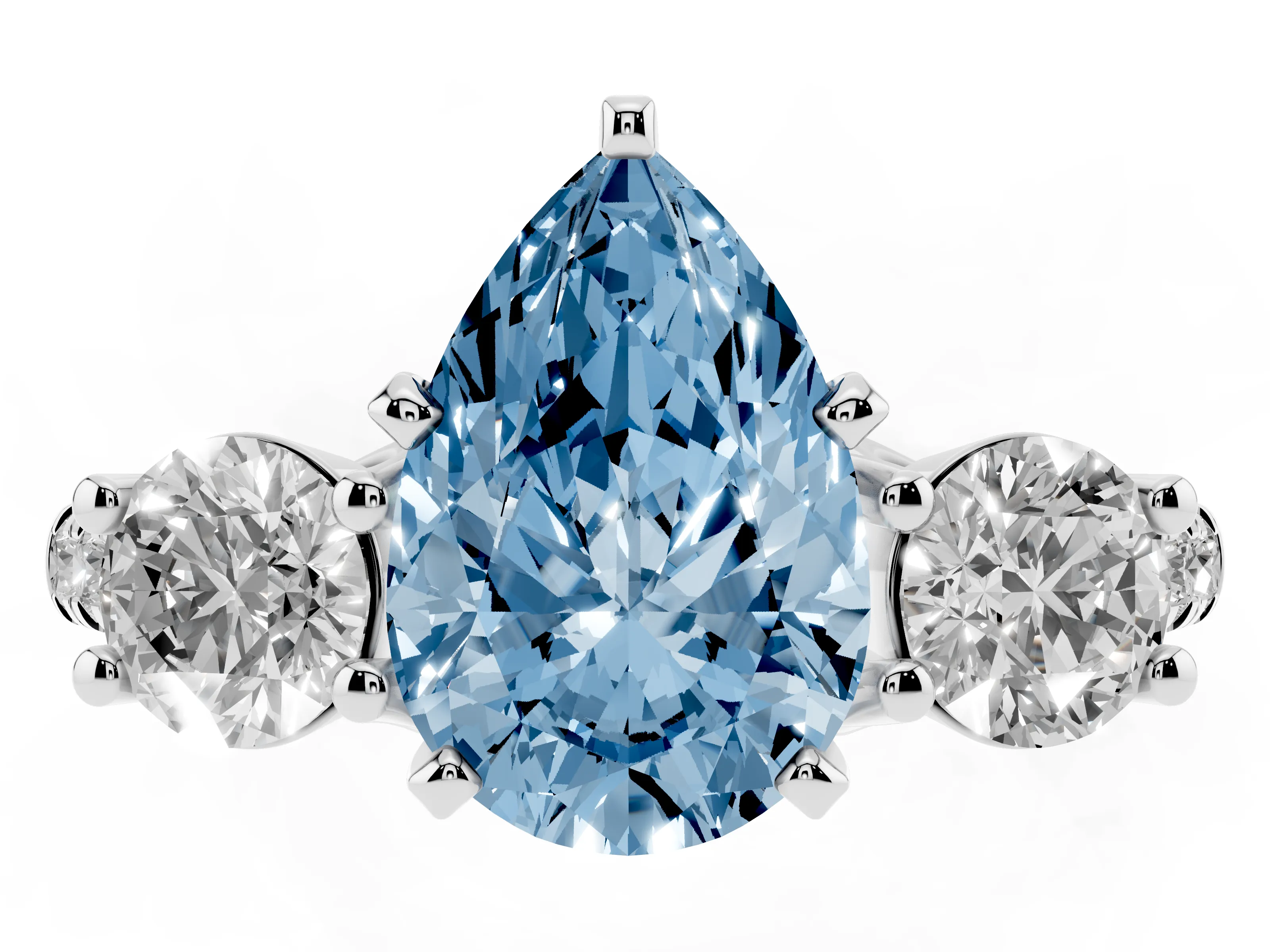 Fancy Blue Three-Stone Pear Cut Diamond Pavé Band Ring Set in Platinum with Prong-Set Trio